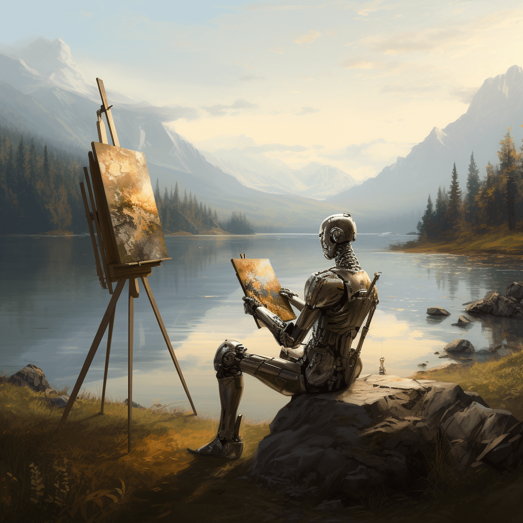 A metallic robot sits on a rock by a tranquil lake, painting a landscape on a canvas mounted on an easel.