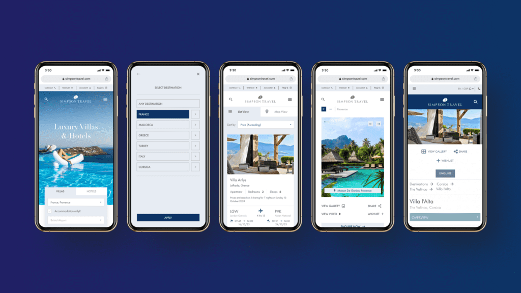 Five mobile phone screens displaying the Simpson Travel booking flow, including destination selection and villa details.