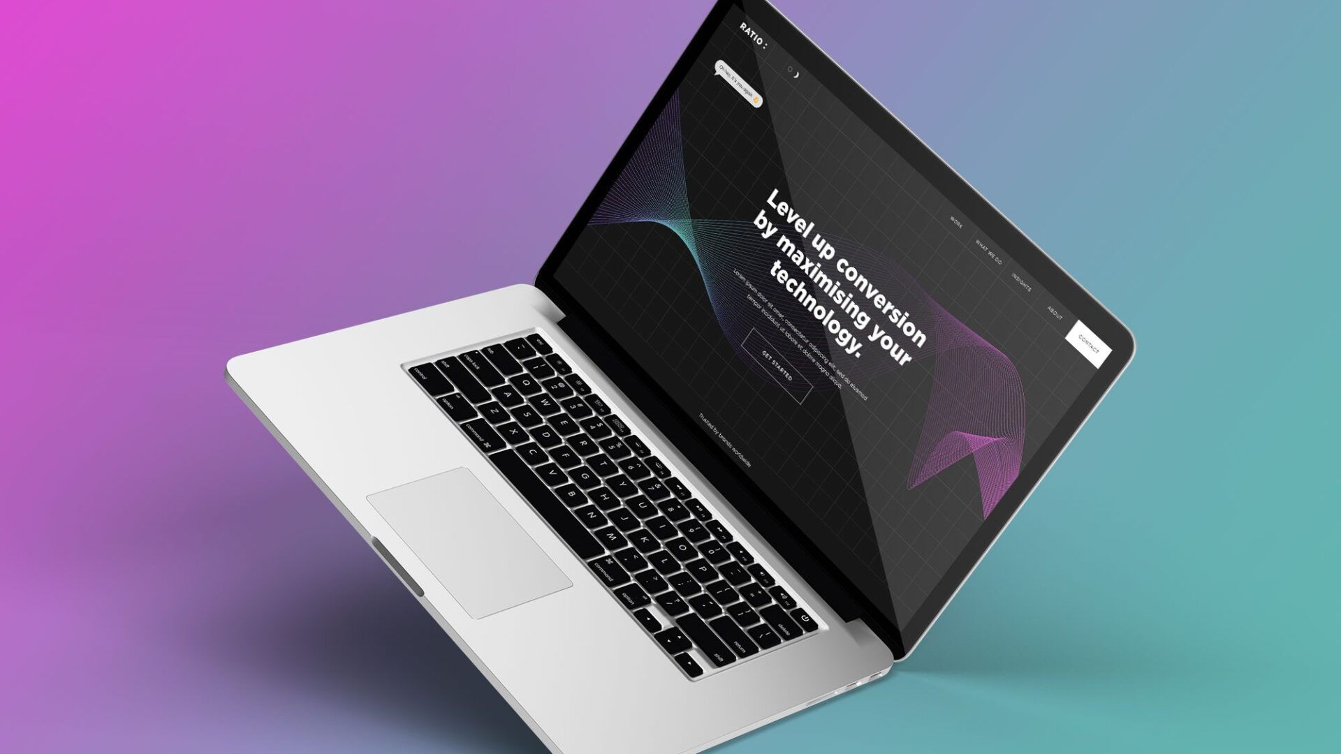 A laptop floating against a gradient purple and blue background, displaying a website homepage titled Level up conversion.