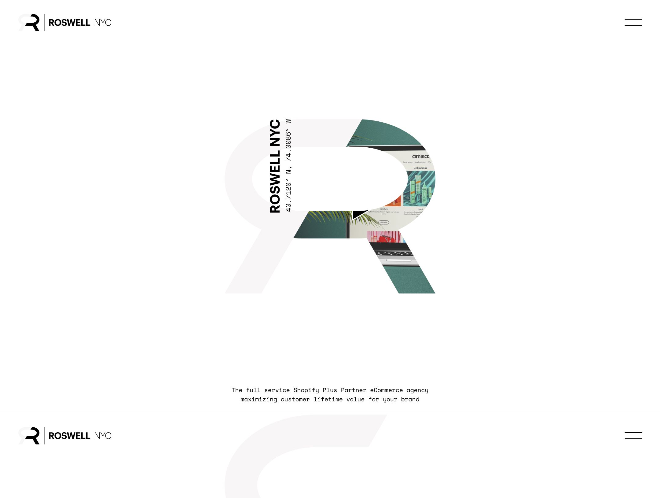The Roswell NYC logo features a large letter R filled with fragmented photographic imagery in teal and natural tones.