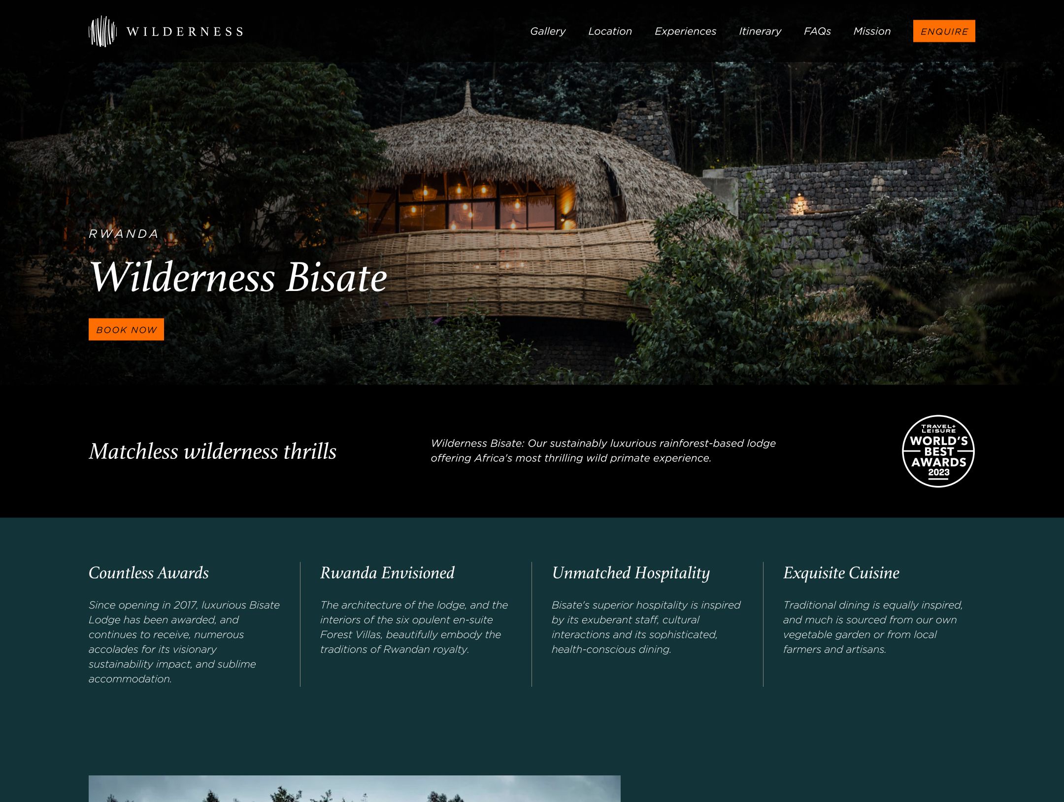 A luxurious lodge with a thatched roof nestled among dense forest vegetation, featuring illuminated windows and stone architecture.