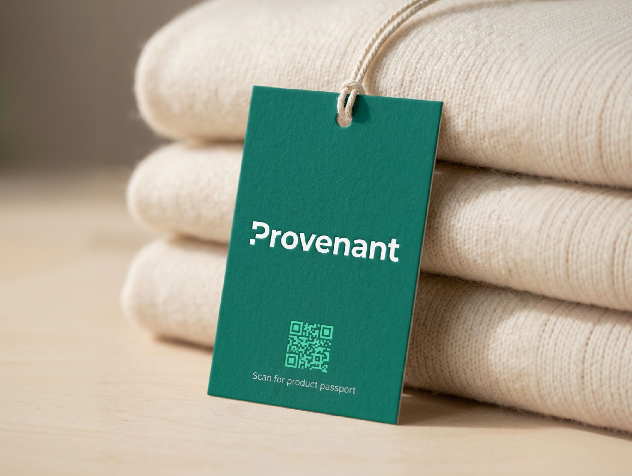 A green product tag labeled "Provenant" with a QR code hangs from folded cream-colored textiles.