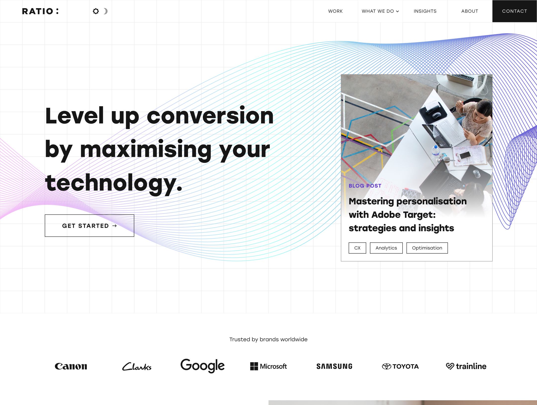 Ratio's homepage displays a headline "Level up conversion by maximising your technology" with a wavy gradient design, alongside a blog post preview about Adobe Target personalisation strategies.