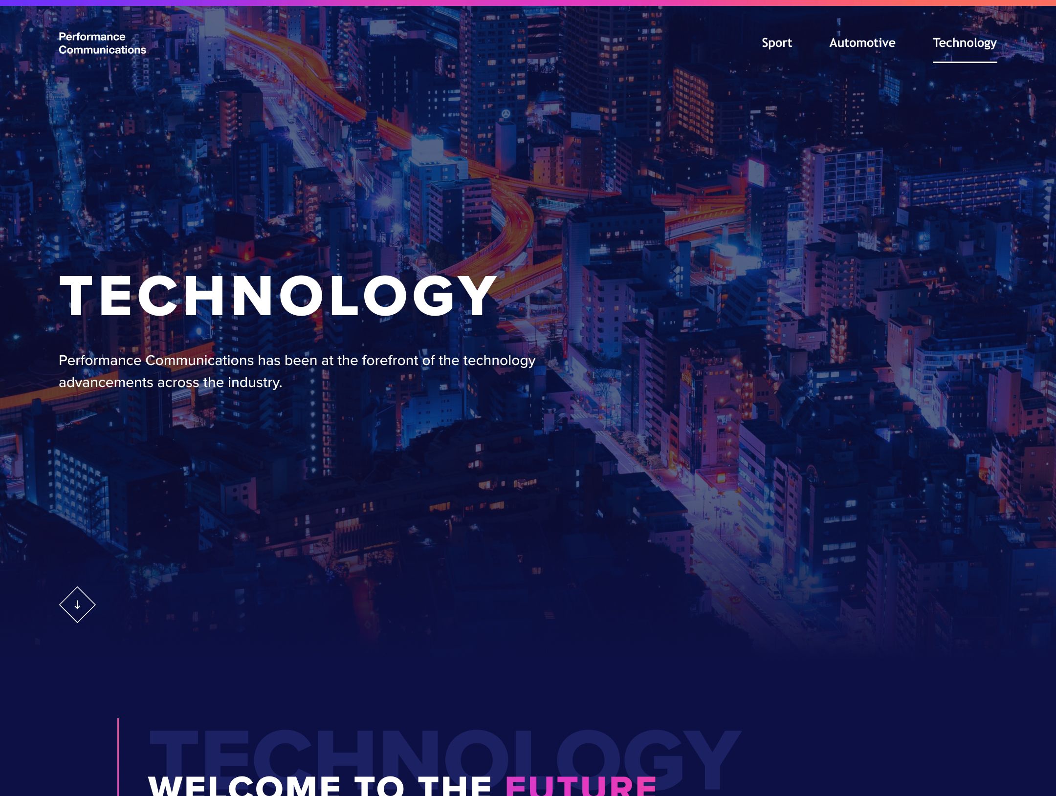 An aerial cityscape with neon-lit highways and buildings in blue and orange tones displays "Technology" as the main heading with introductory text about Performance Communications' industry advancements.