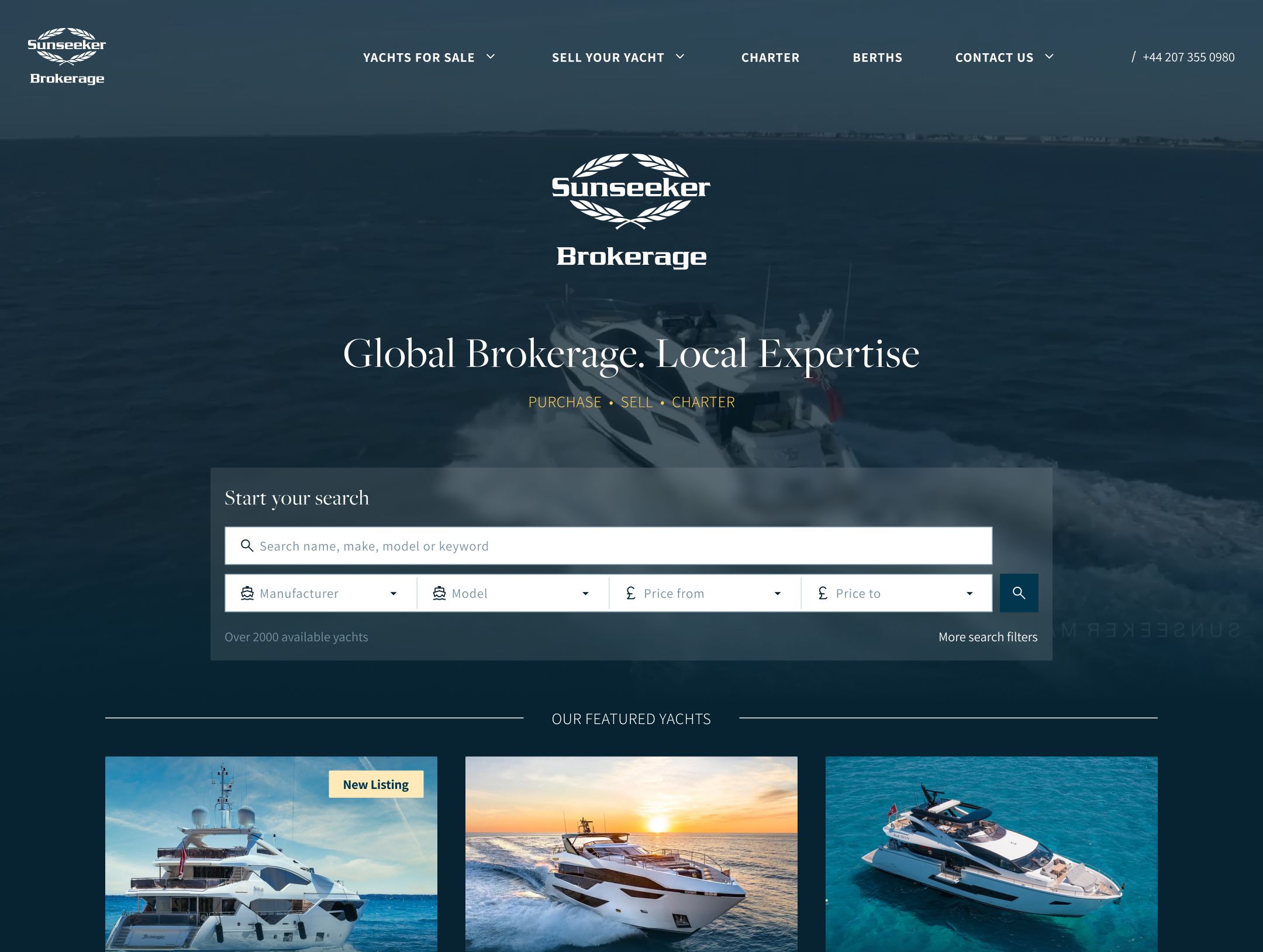 Sunseeker Brokerage website homepage displaying a search interface for yacht purchases, charters, and berths with featured luxury yachts below.