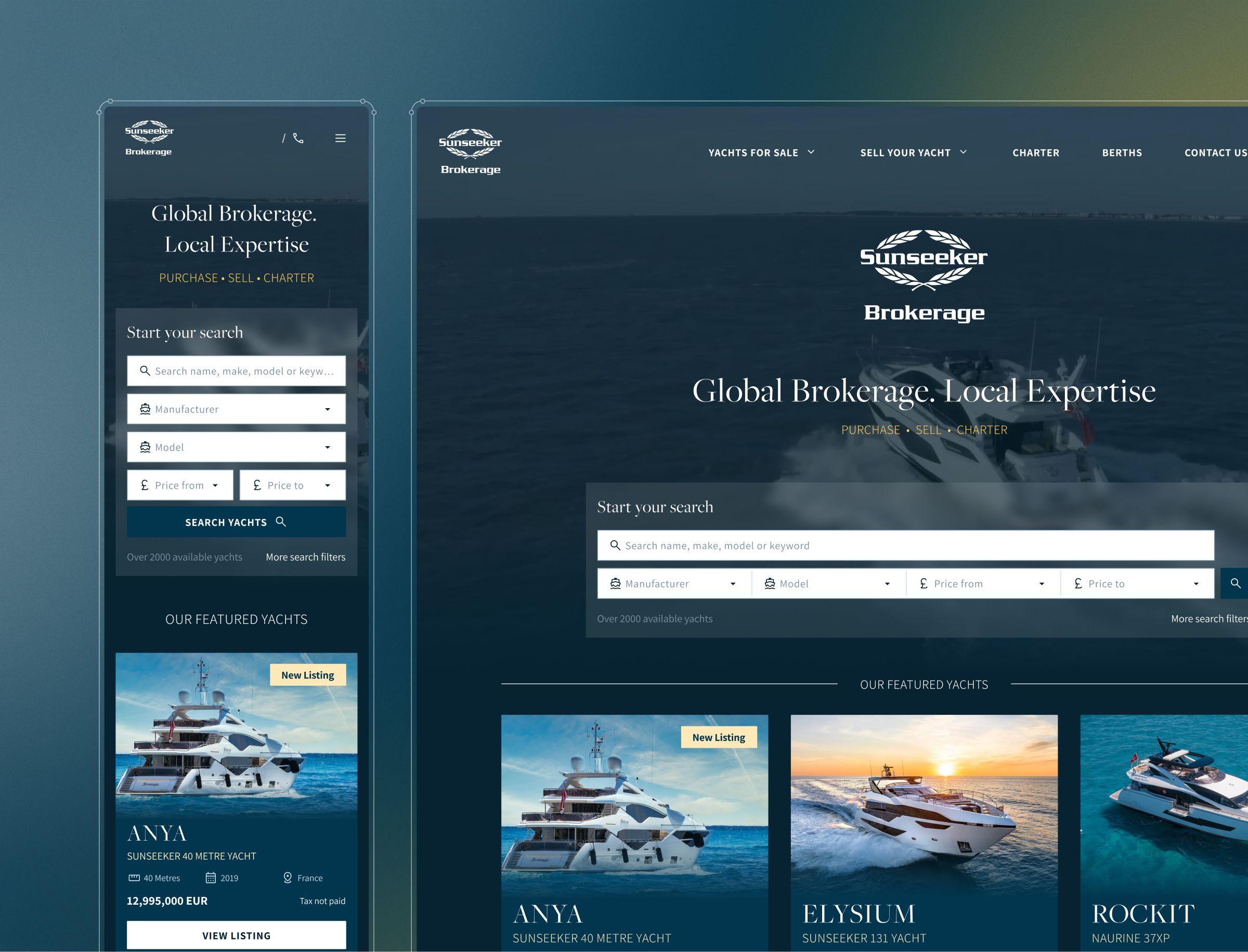Sunseeker Brokerage website displaying yacht sales search interface with featured luxury vessels including Anya, Elysium, and Rockit.