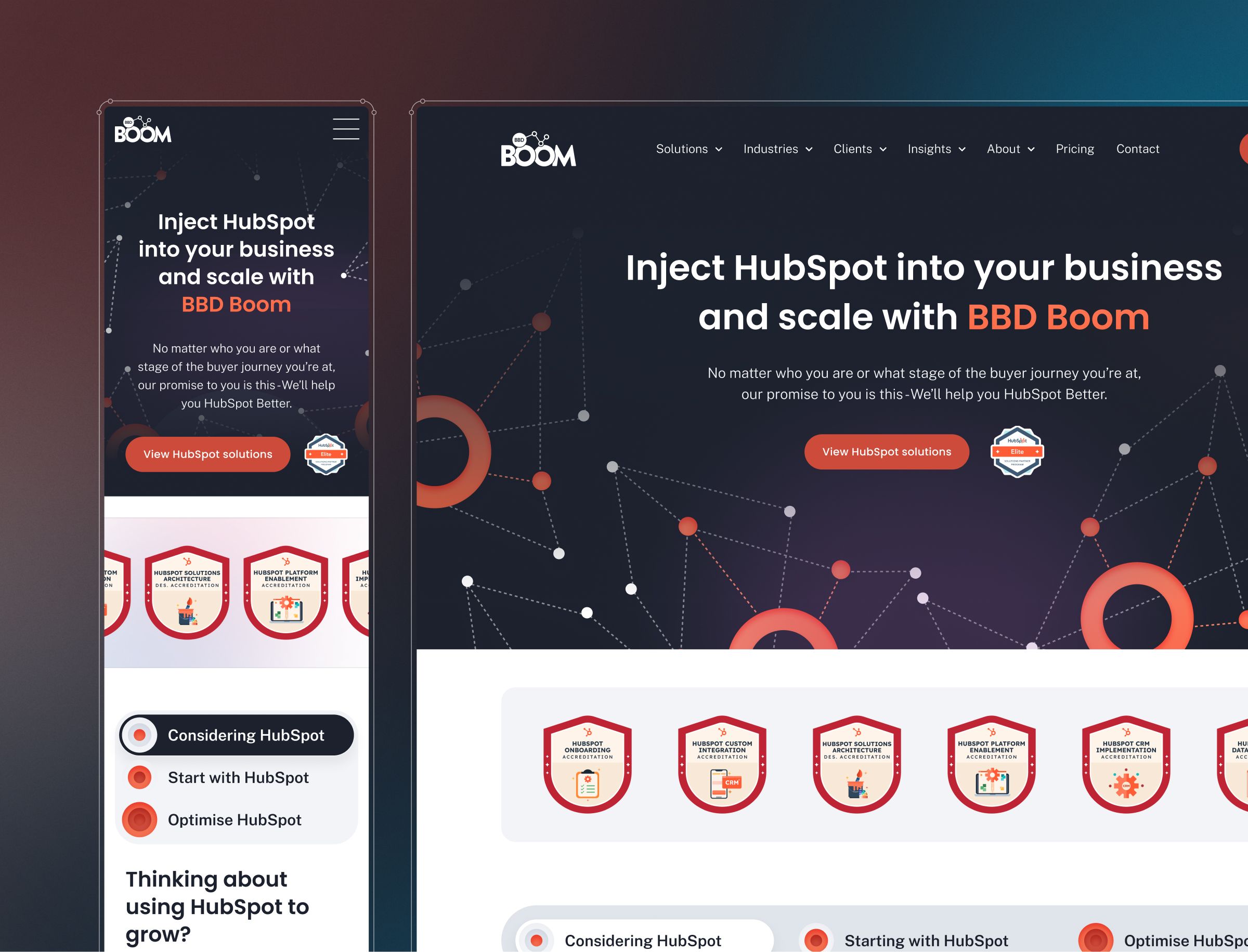 BBD Boom's website displays responsive design across mobile and desktop views, featuring a dark gradient background with coral accents and a HubSpot integration message.