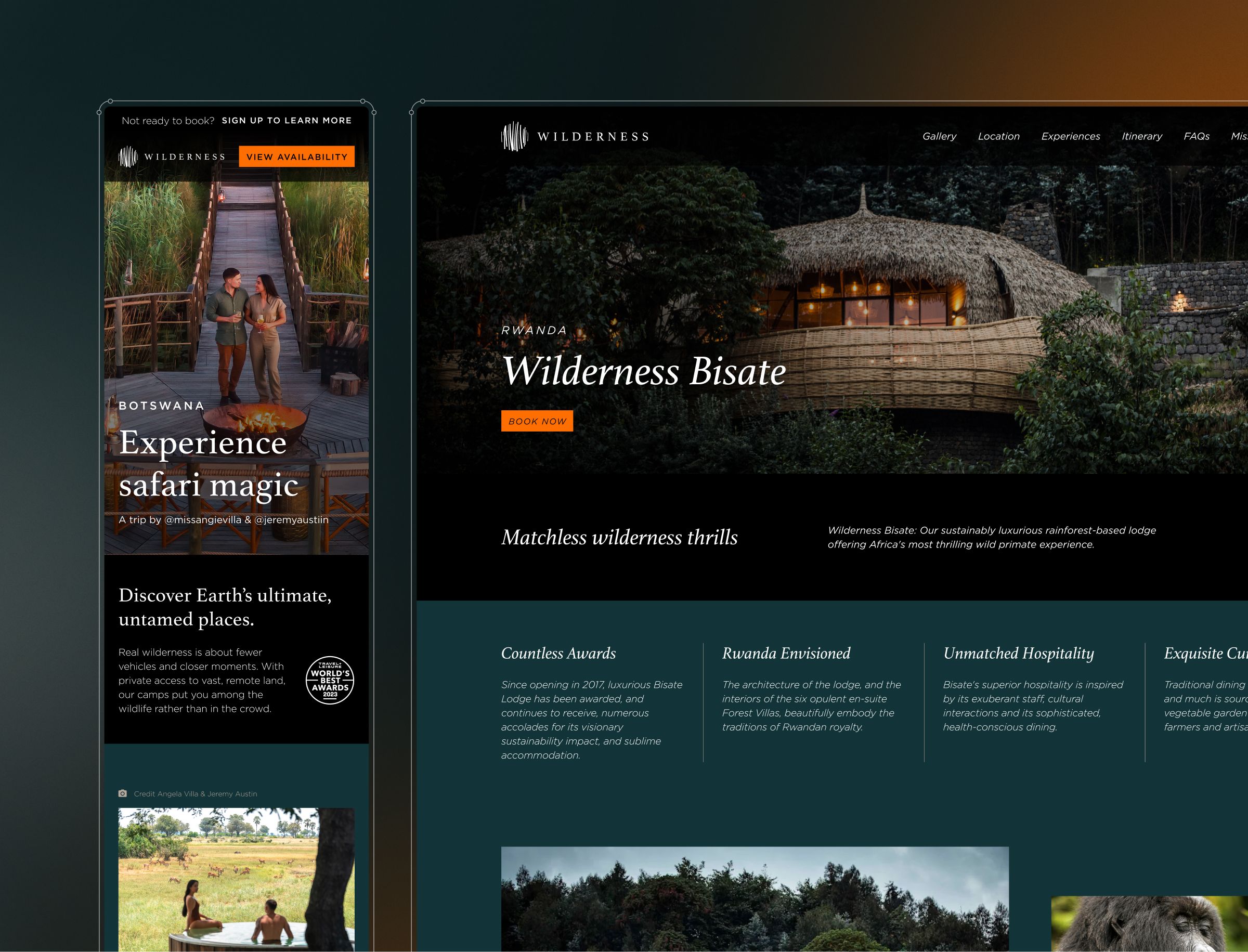 Two website layouts for Wilderness Bisate safari lodge, featuring a thatched-roof accommodation building nestled in forest and promotional content about wildlife experiences.
