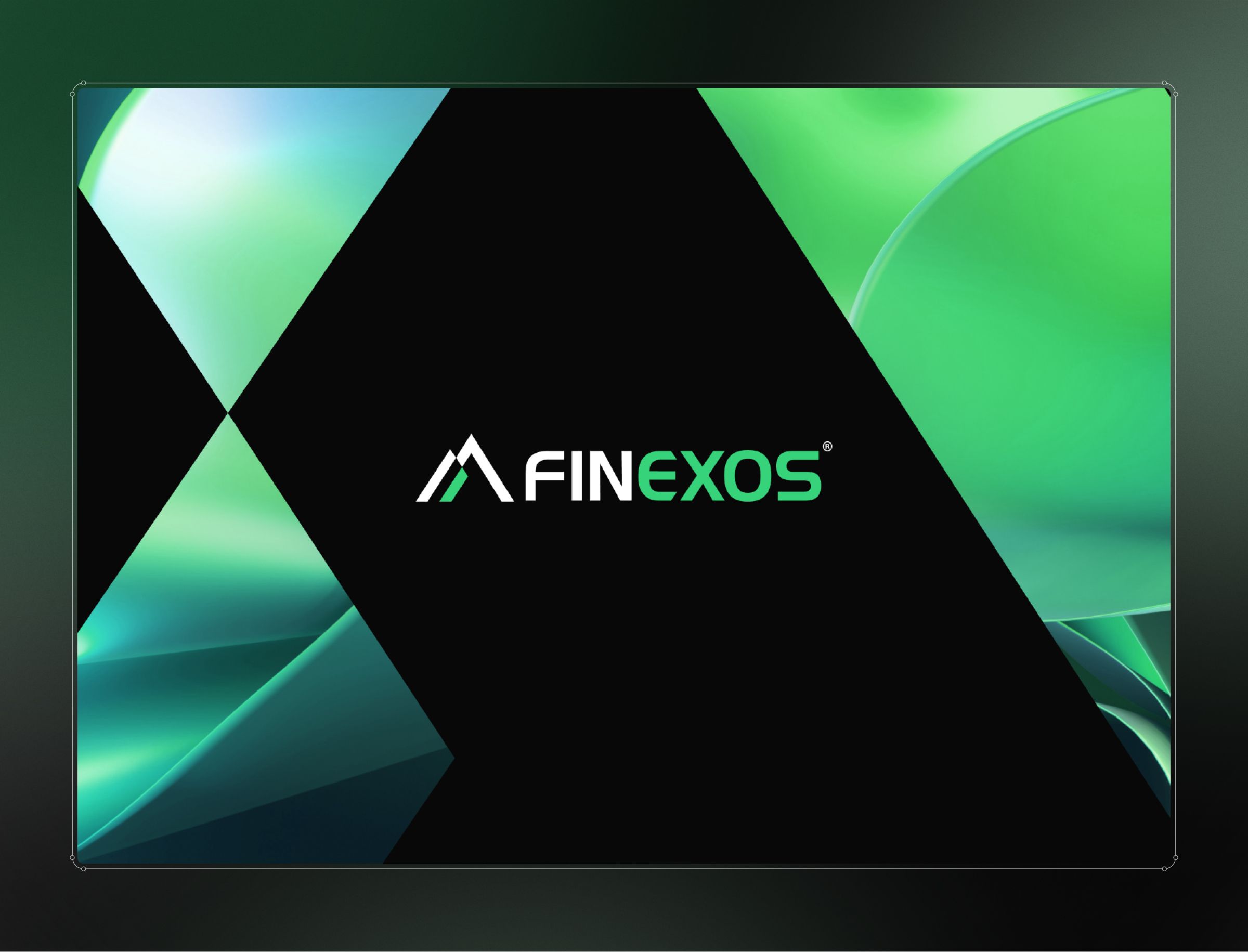 The Finexos logo appears centered on a black background surrounded by geometric shapes in shades of green and teal.