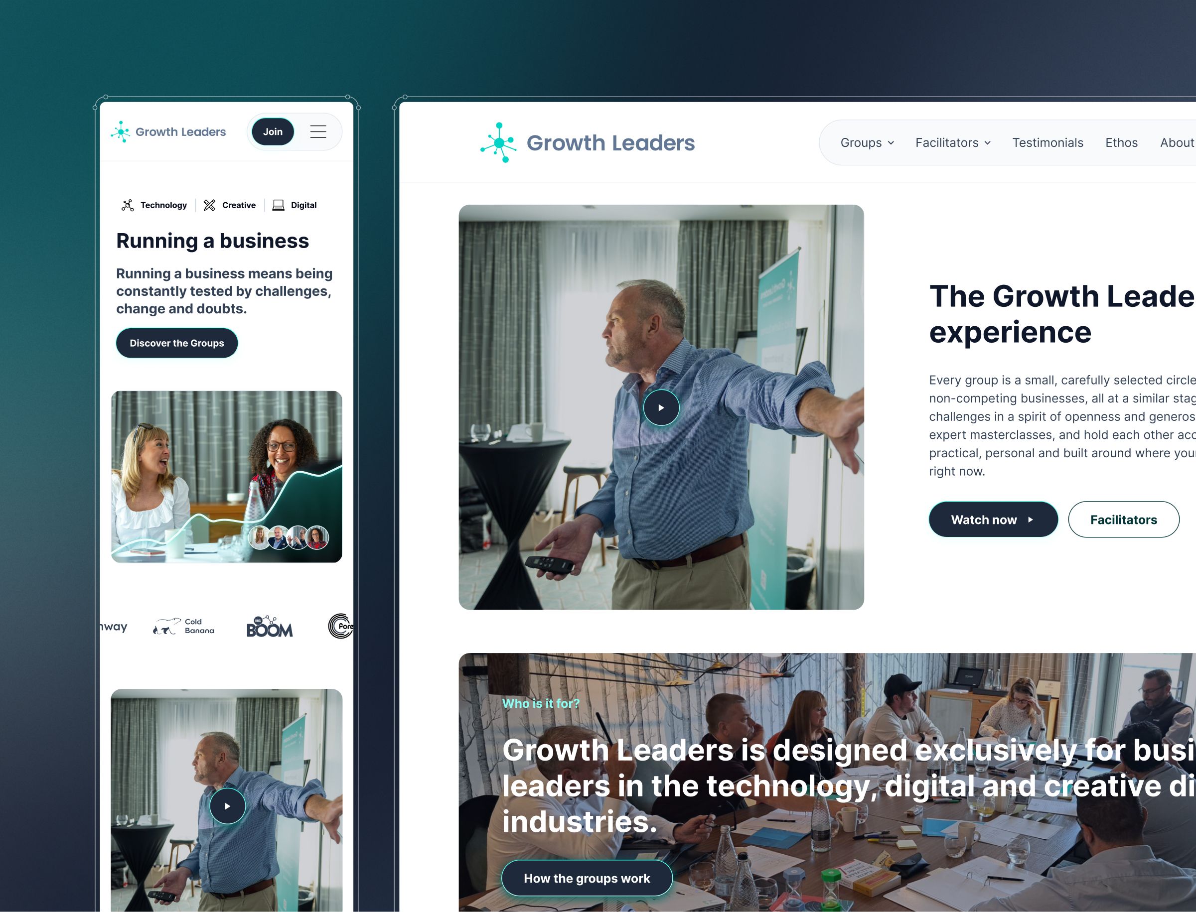 Growth Leaders website displaying information about business leadership groups with video content featuring a man speaking to participants in a modern office setting.