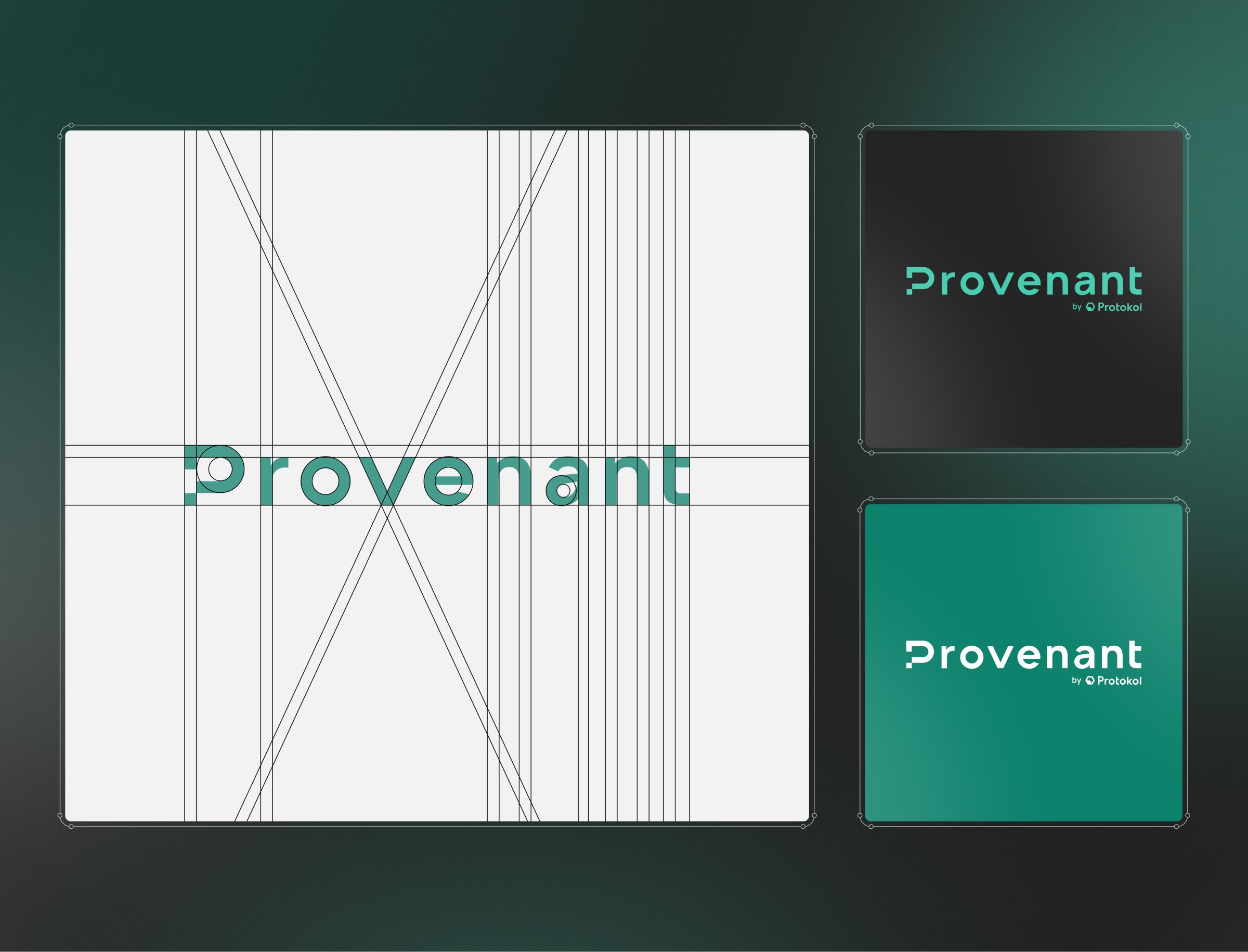 Provenant branding materials displayed on a dark teal background, including a white folder with geometric line patterns and the teal Provenant logo, alongside two business cards in black and teal variants.