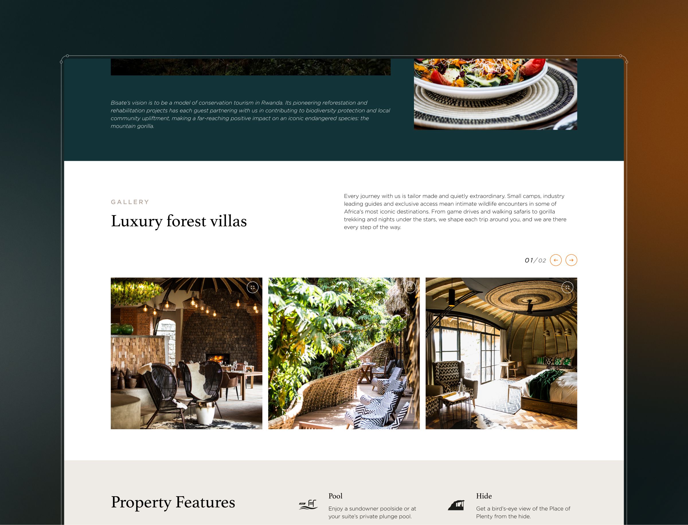 A luxury forest villa webpage displays three interior photographs showcasing a dining area with hanging lights, an outdoor seating space surrounded by greenery, and a bedroom with a domed ceiling, alongside property features including pool and hide.
