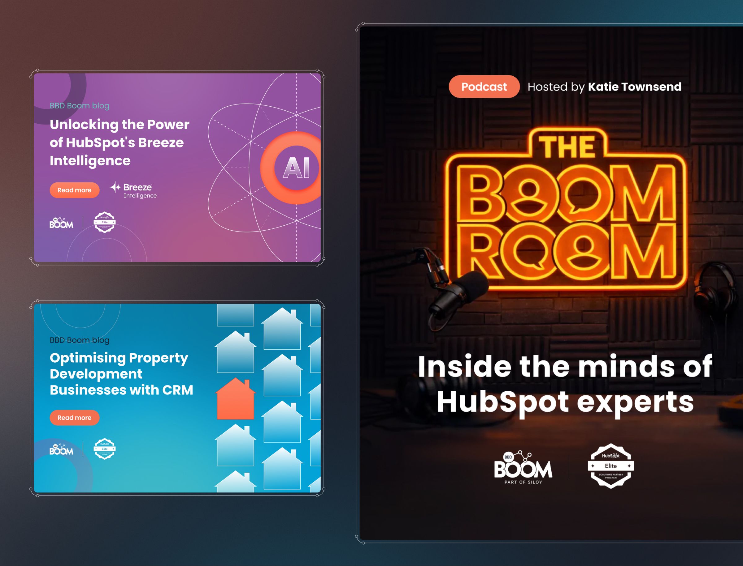 A dark interface displays two blog post cards on the left and a podcast promotional graphic on the right, featuring neon signage and branding for HubSpot-related content.