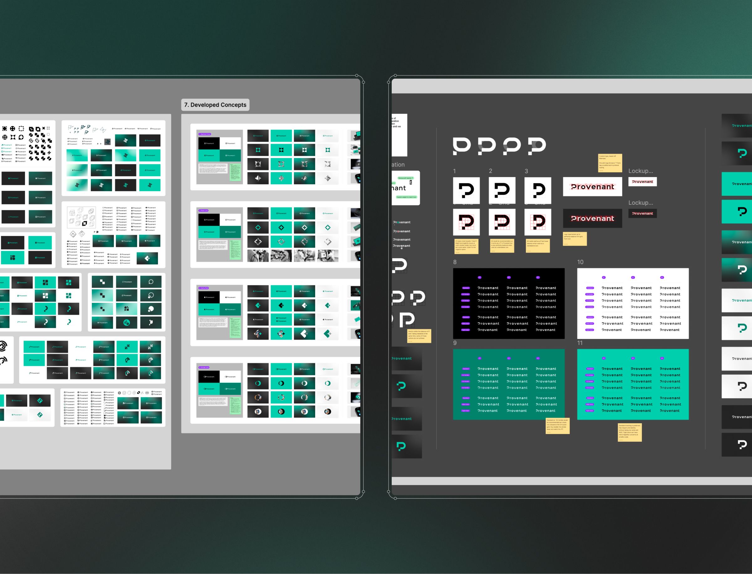 Two design system documentation layouts displaying component libraries, color palettes, and UI patterns in teal, black, and cream tones.