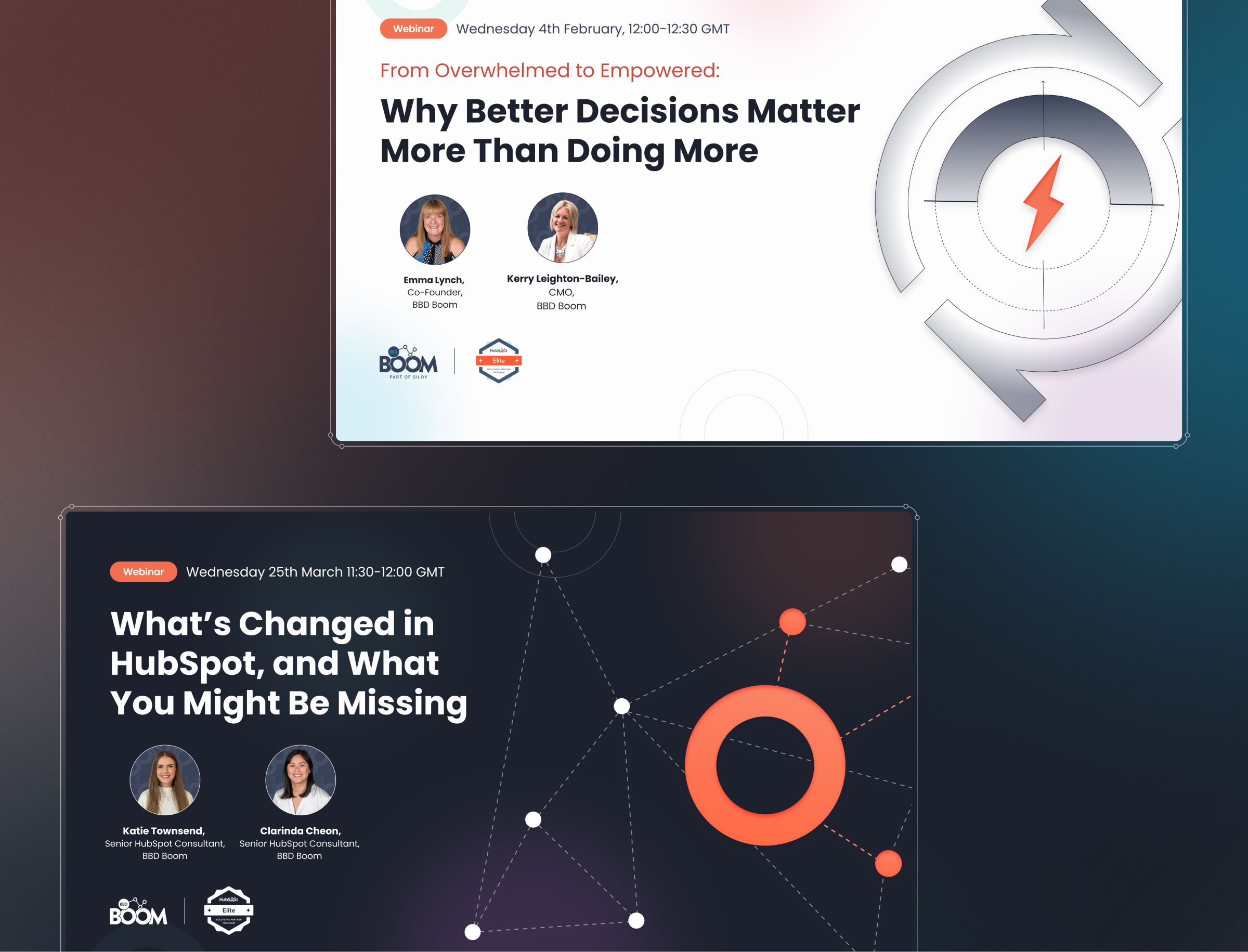 Two webinar promotional cards featuring speaker headshots, event details, and branding for BOOM and another partner organization.