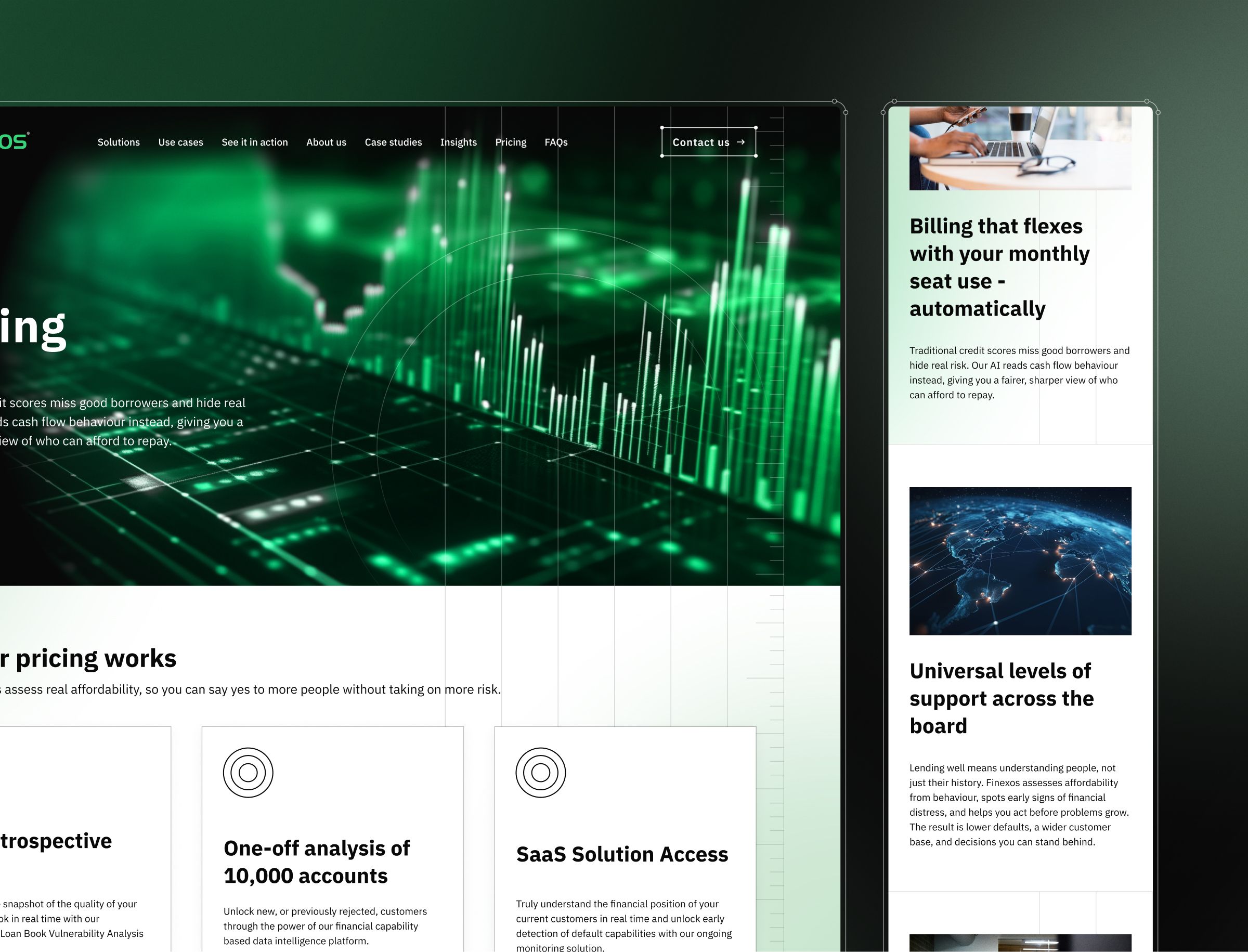 A website homepage displaying a navigation menu, a hero section with green financial charts and graphs, and a sidebar featuring three content cards about billing flexibility, global support, and SaaS solutions.