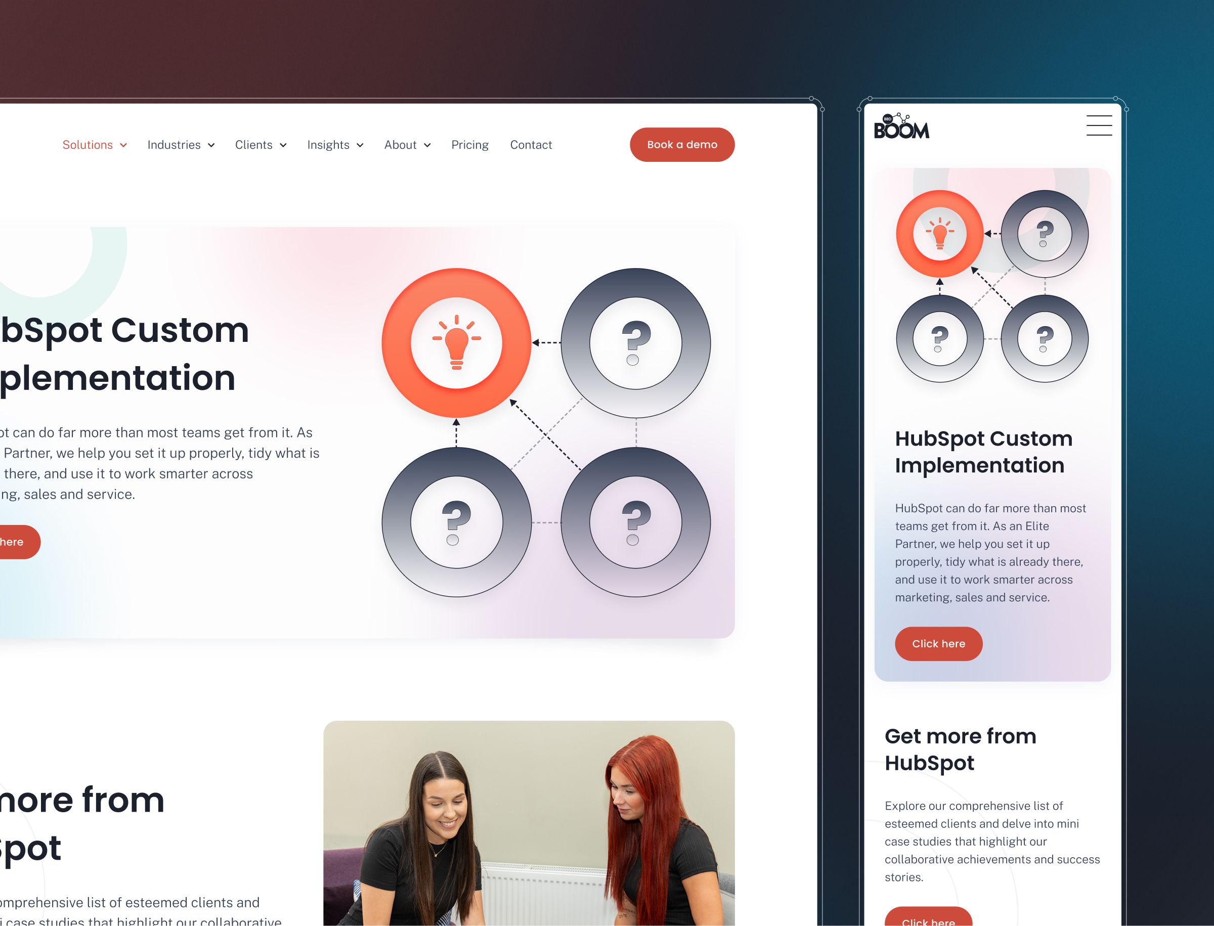 A website layout showing HubSpot Custom Implementation services with circular diagrams containing question marks and a microphone icon, alongside a photo of two women in conversation.
