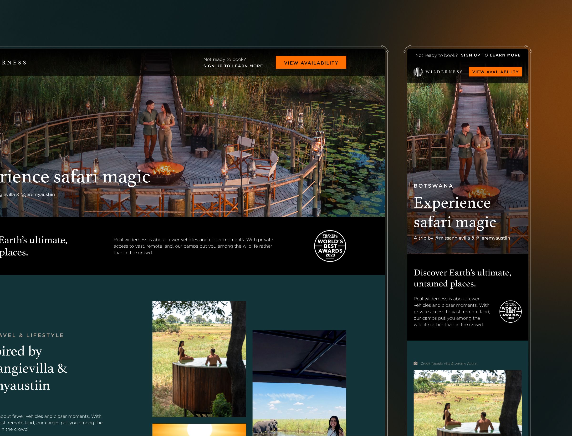 A website layout displays safari lodge accommodations with wooden deck platforms, guests gathered around fire pits, and savanna landscapes across desktop and mobile responsive designs.