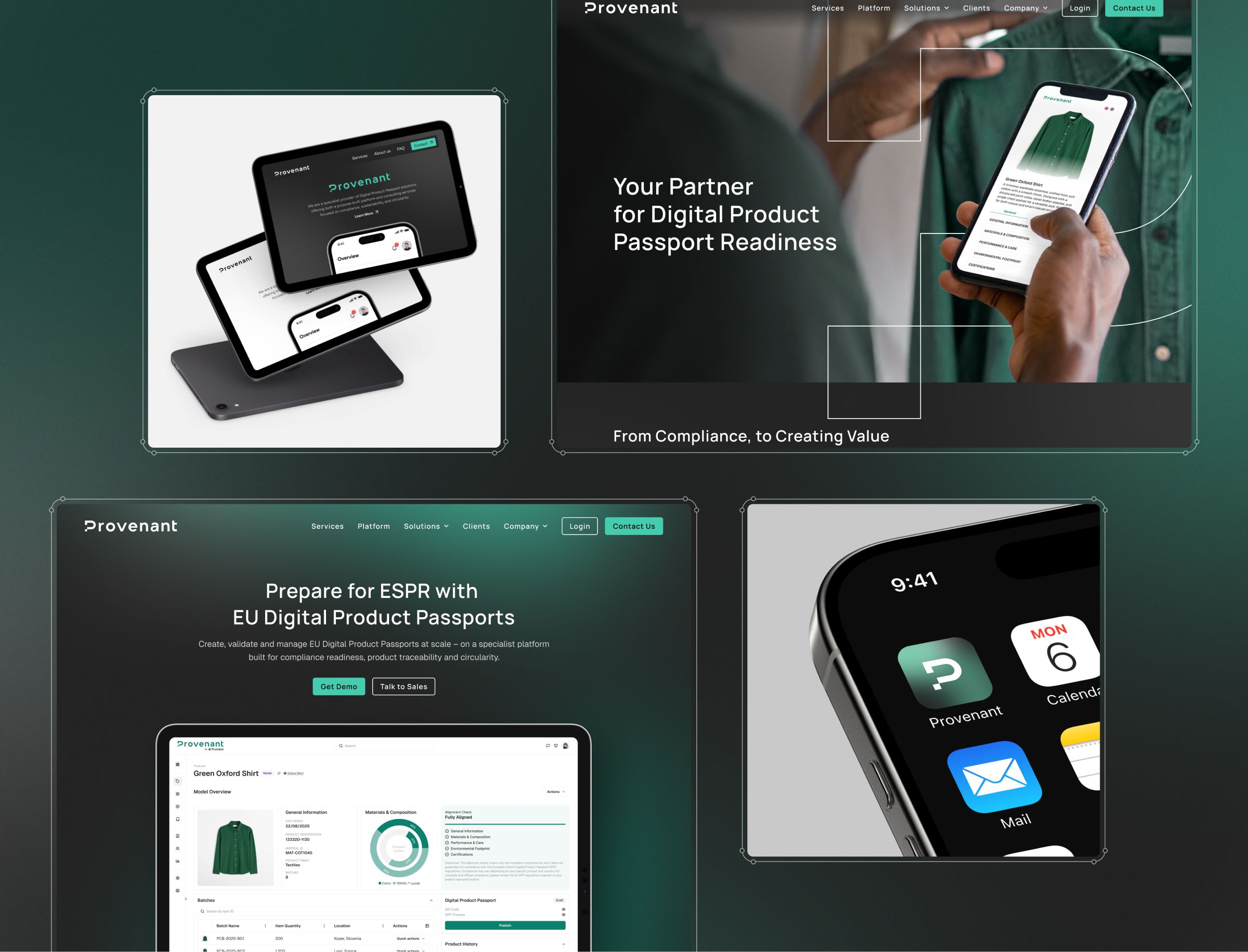 A collection of website screenshots and device mockups showcasing Provenant's digital product passport platform across tablets, smartphones, and desktop displays.