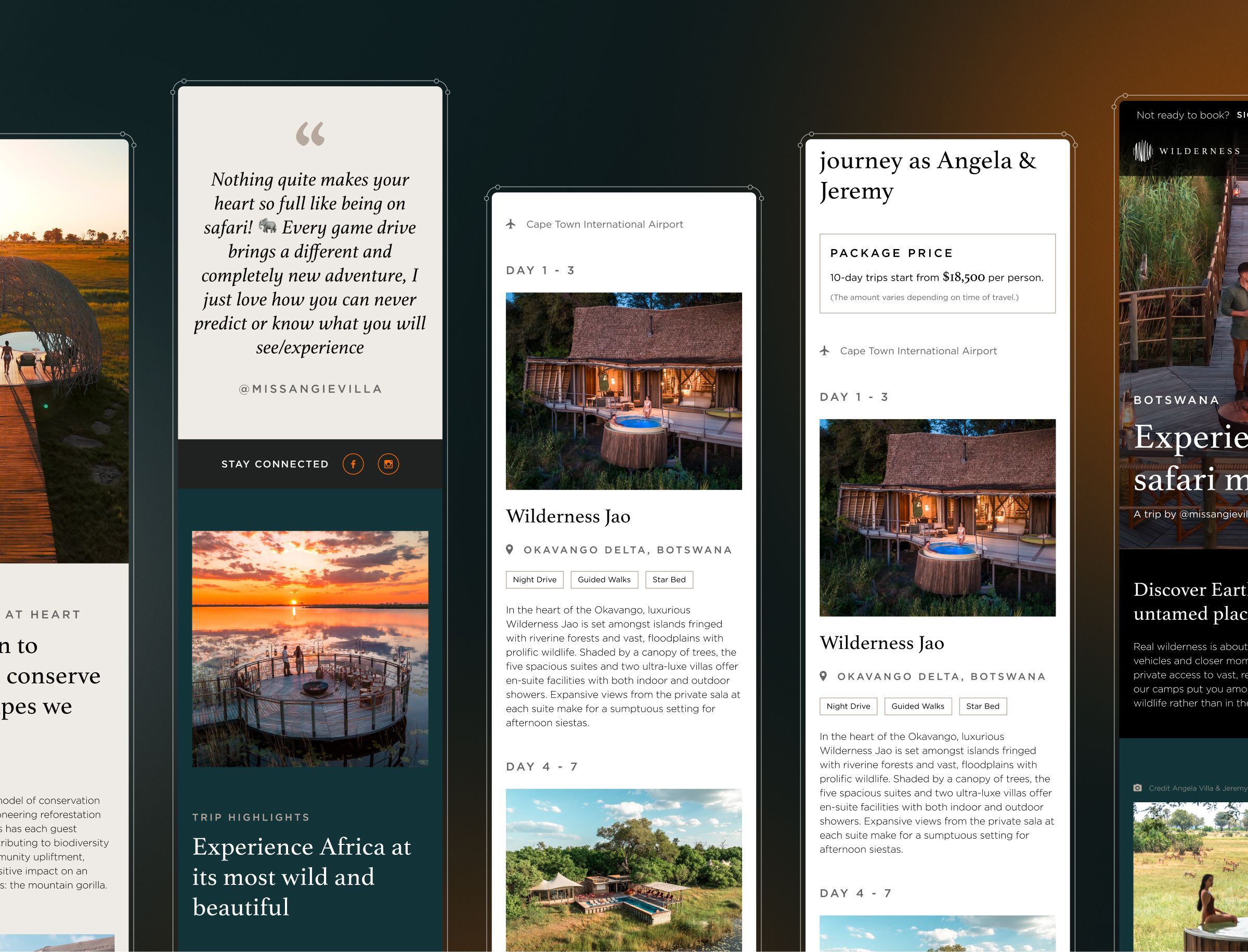 Multiple website layouts for African safari tour packages displayed side by side, featuring lodge accommodations, wildlife photography, testimonials, and itinerary details.