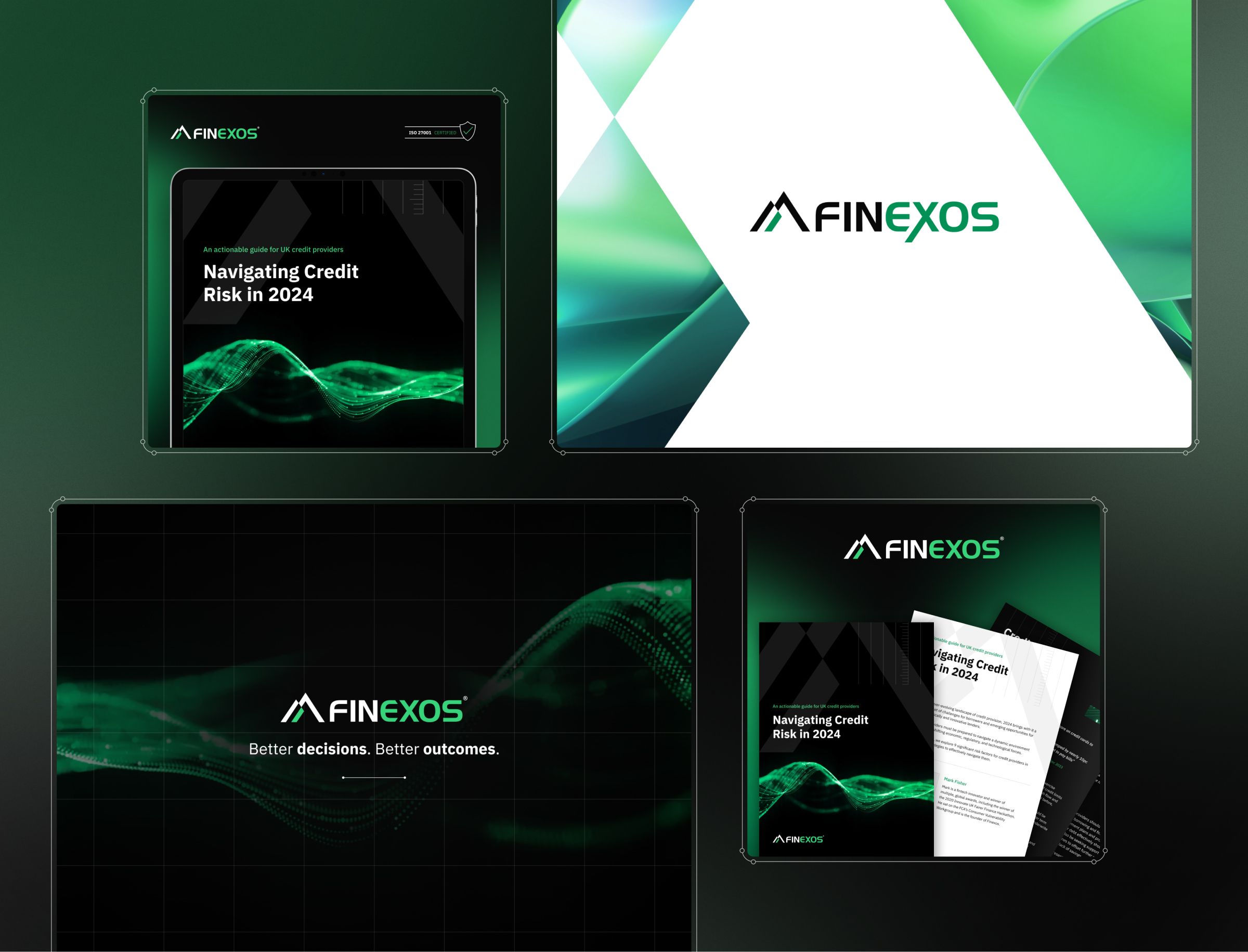 Finexos branding materials displayed across four layouts featuring their logo, tagline "Better decisions. Better outcomes," and a document titled "Navigating Credit Risk in 2024" with green and teal gradient design elements.