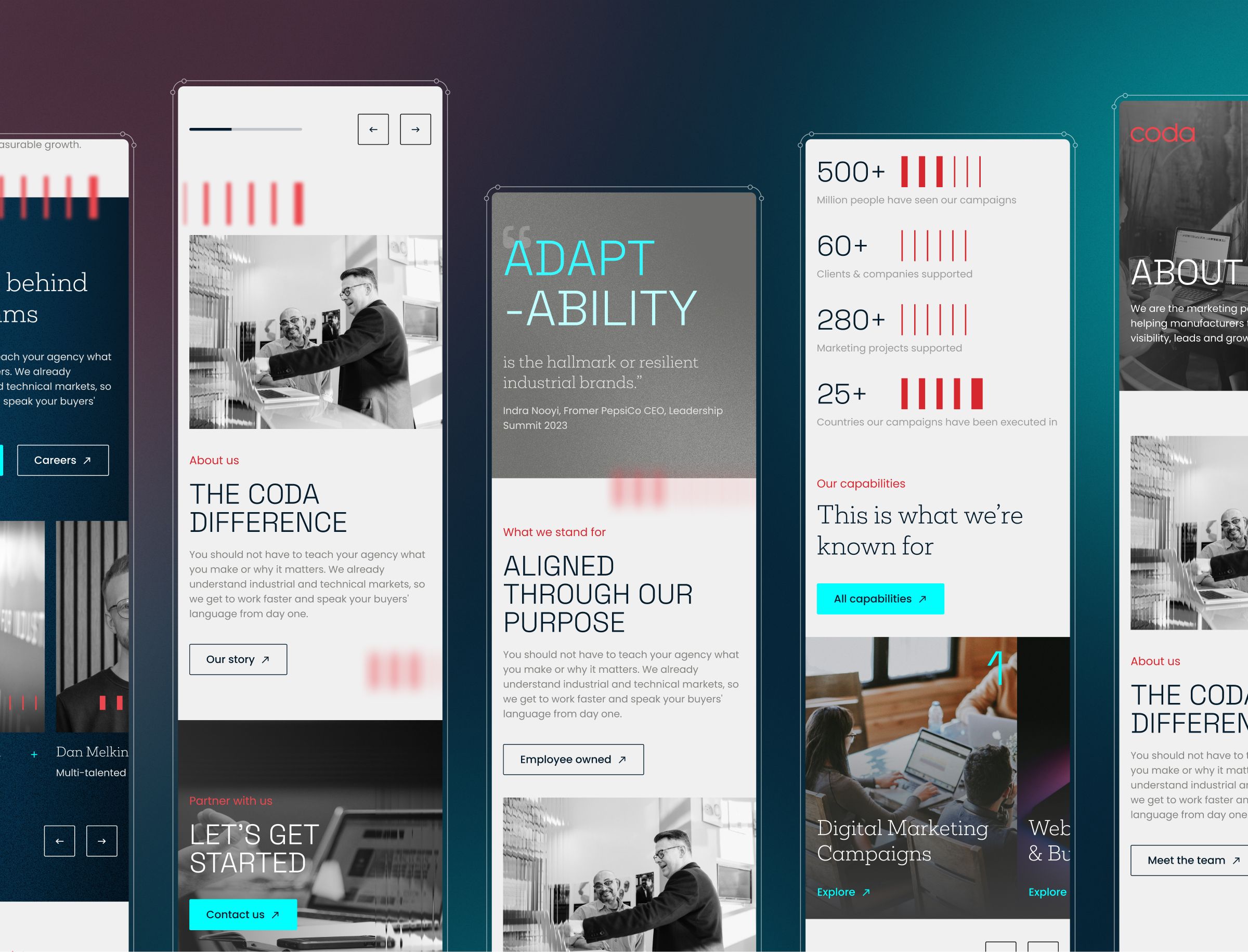 Multiple website mockups display branding and digital marketing content with statistics, team information, and service offerings in a teal and red color scheme.