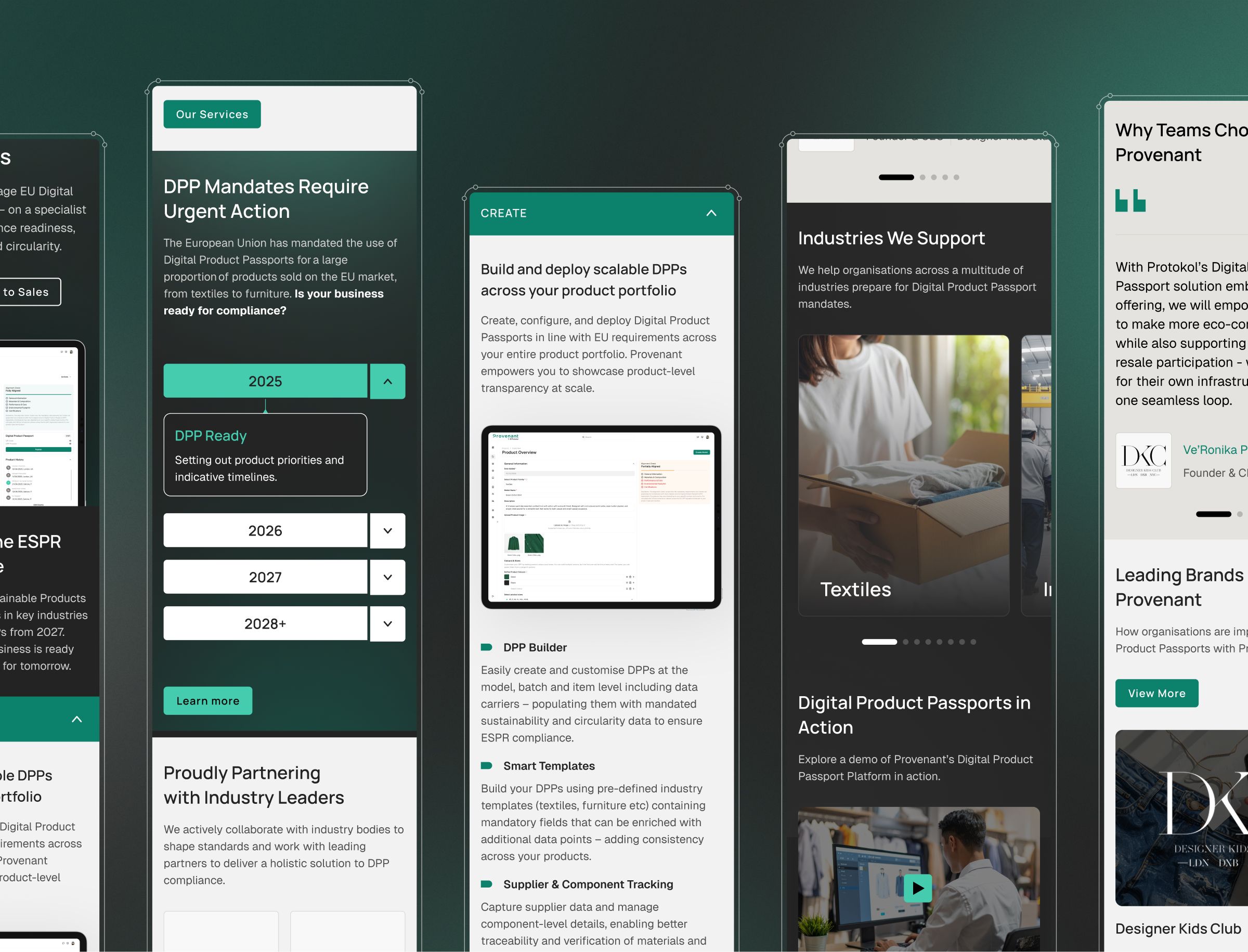A website interface displaying digital product passport services, industry sectors including textiles, timeline milestones for 2025-2028, and case studies featuring designer brands and compliance solutions.