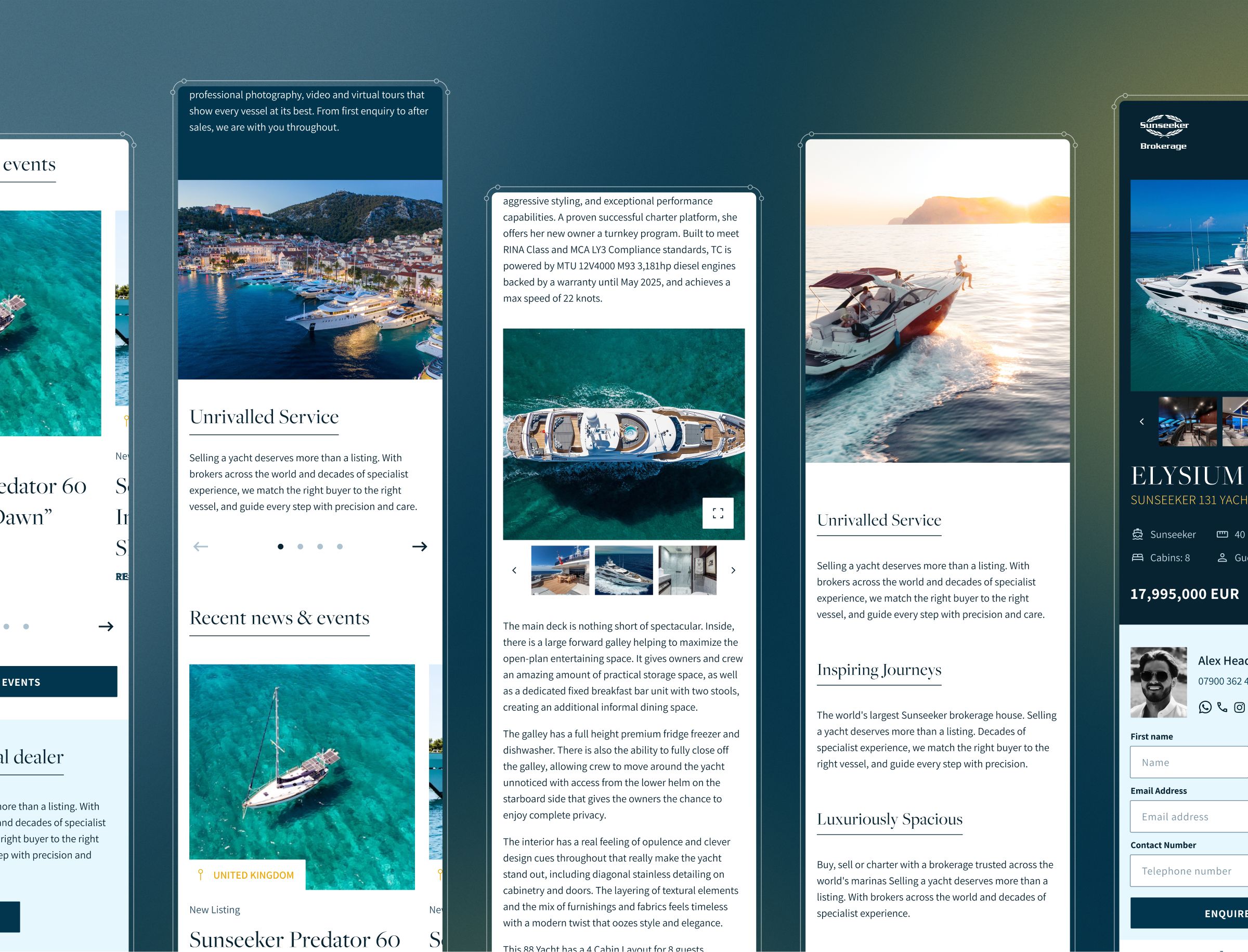 Multiple website layouts displayed side-by-side showcase luxury yacht listings and services with photographs of boats, coastal scenery, pricing information, and descriptive text about marine experiences.