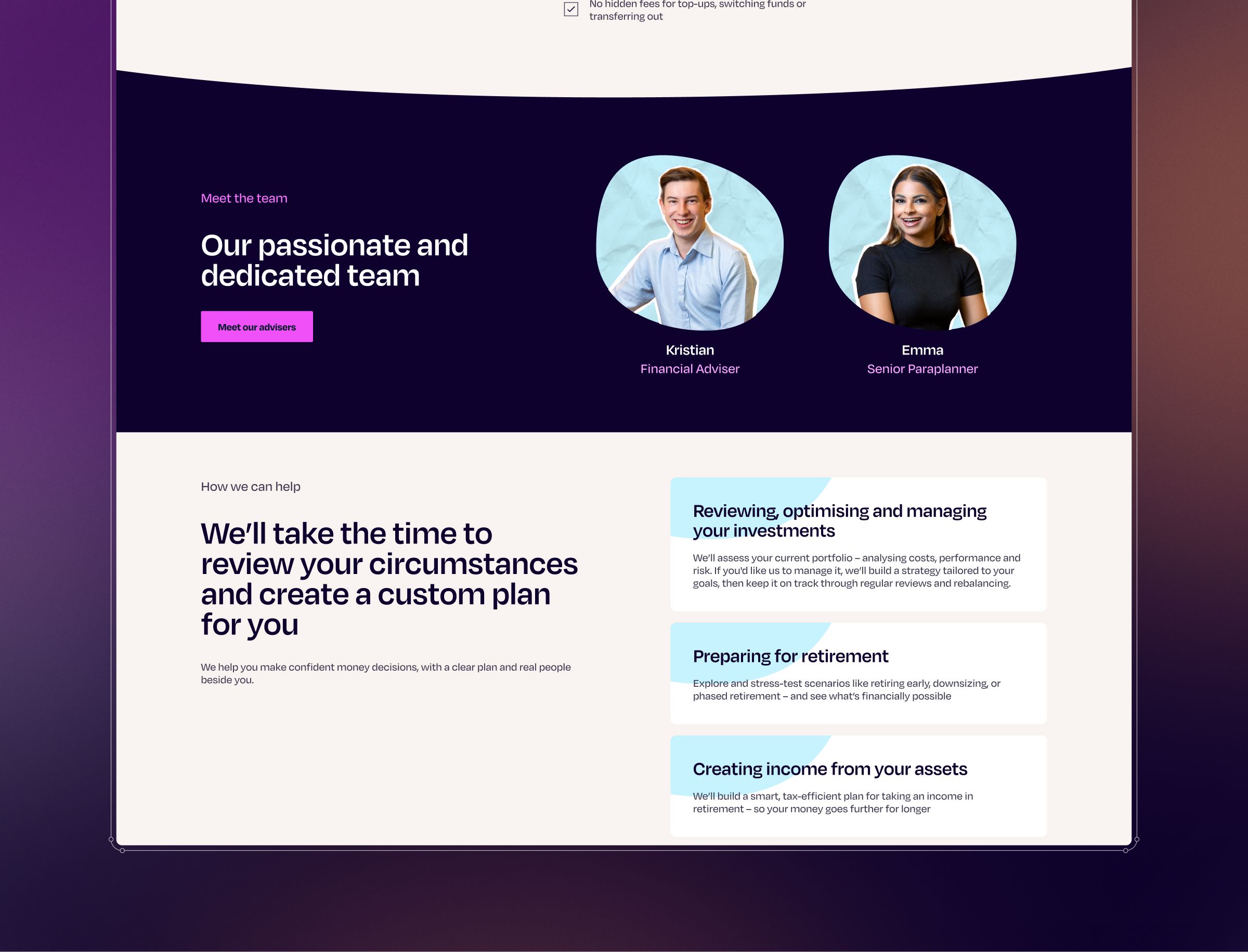 A webpage section featuring team members Kristian (Financial Advisor) and Emma (Senior Paralegal) with circular profile photos, alongside service offerings for investment review, retirement planning, and asset income creation.