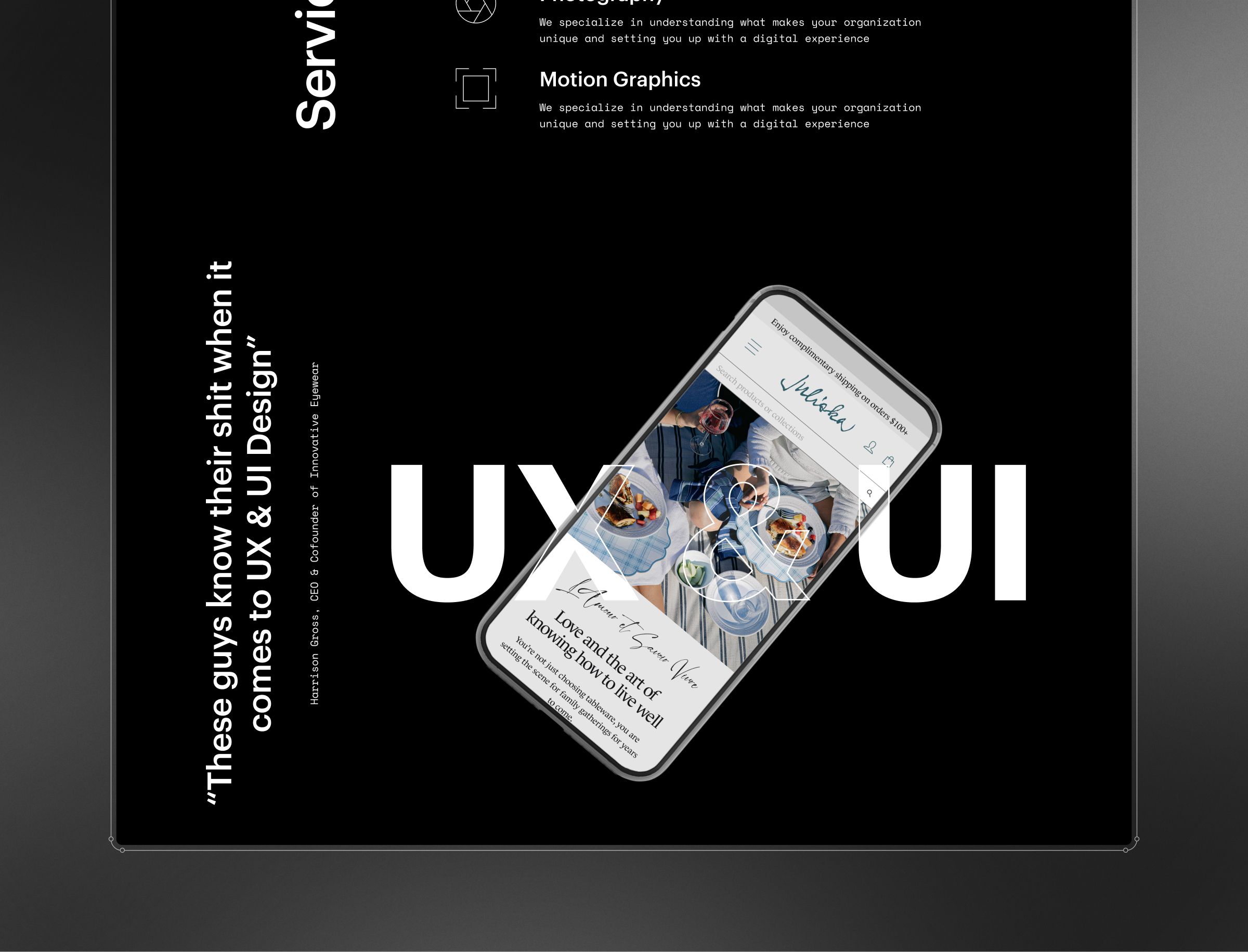 A smartphone displaying a mobile app interface with circular image tiles and text, positioned diagonally against large white "UX & UI" typography on a black background.