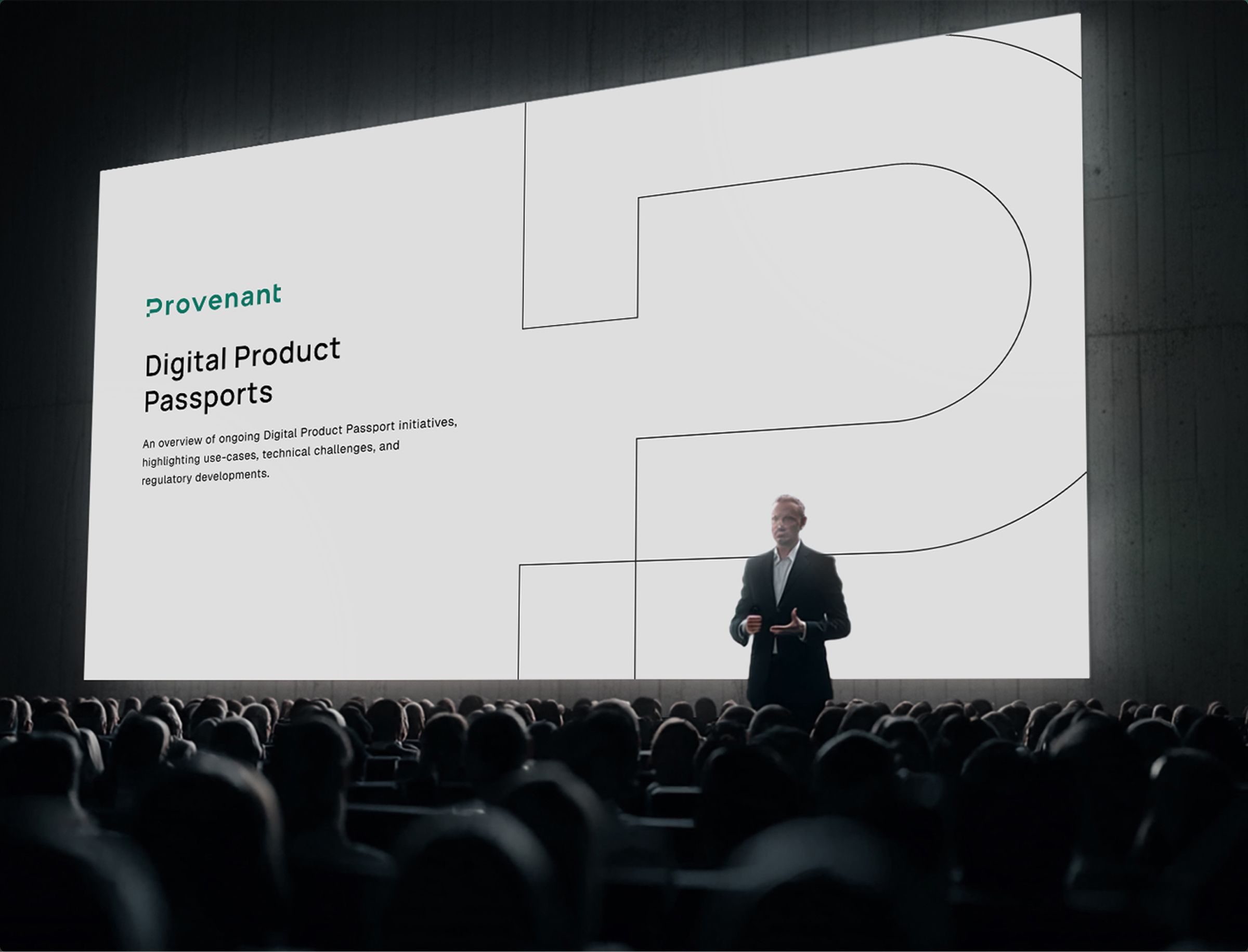 A presenter stands on stage before a large audience, gesturing toward a projection screen displaying a slide titled "Digital Product Passports" under the Provenant branding.