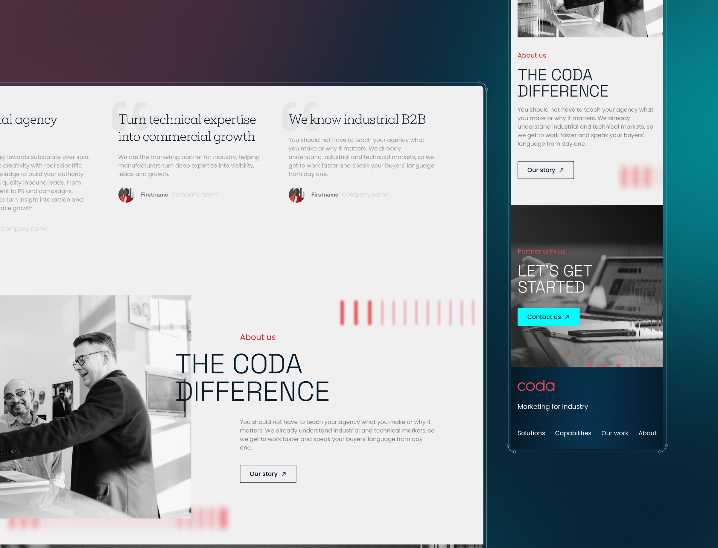 A website layout for Coda, a marketing agency, displaying sections about their services, the company difference, and a call-to-action to get started, alongside a black and white photograph of a man at a desk.