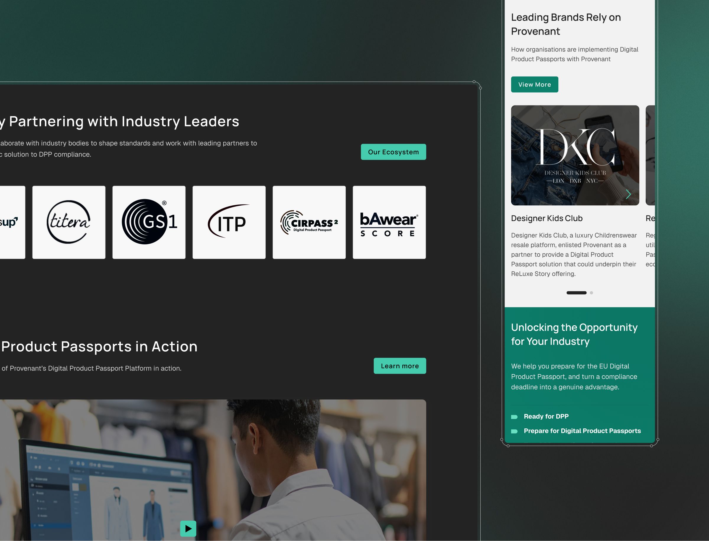 A webpage displaying industry partnerships and digital product passport solutions, featuring logos of collaborating organizations and a video thumbnail showing someone using the platform.