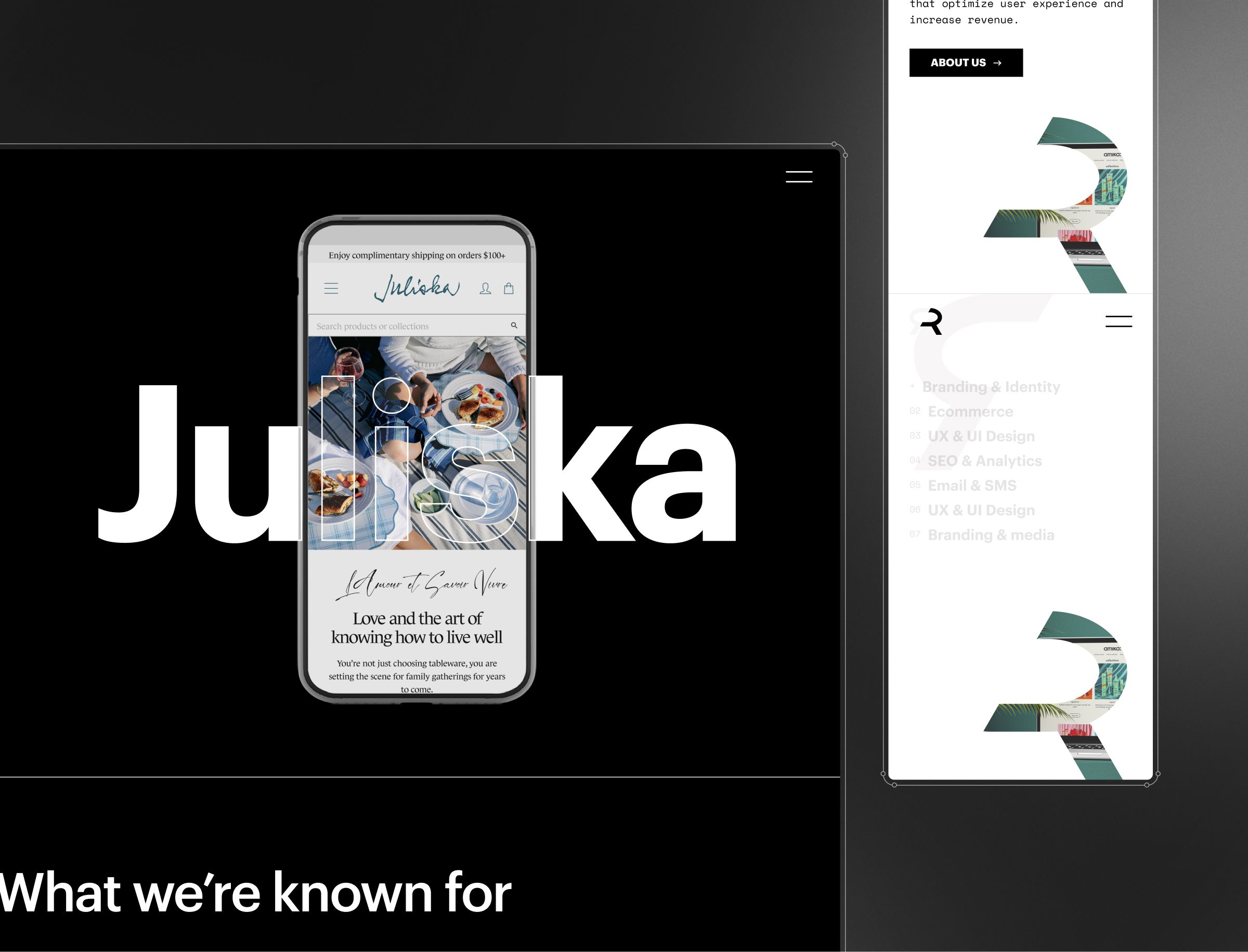 A smartphone mockup displaying the Juliska website with food photography and branding, positioned against a dark background with the "Juliska" wordmark overlaid in large white text.