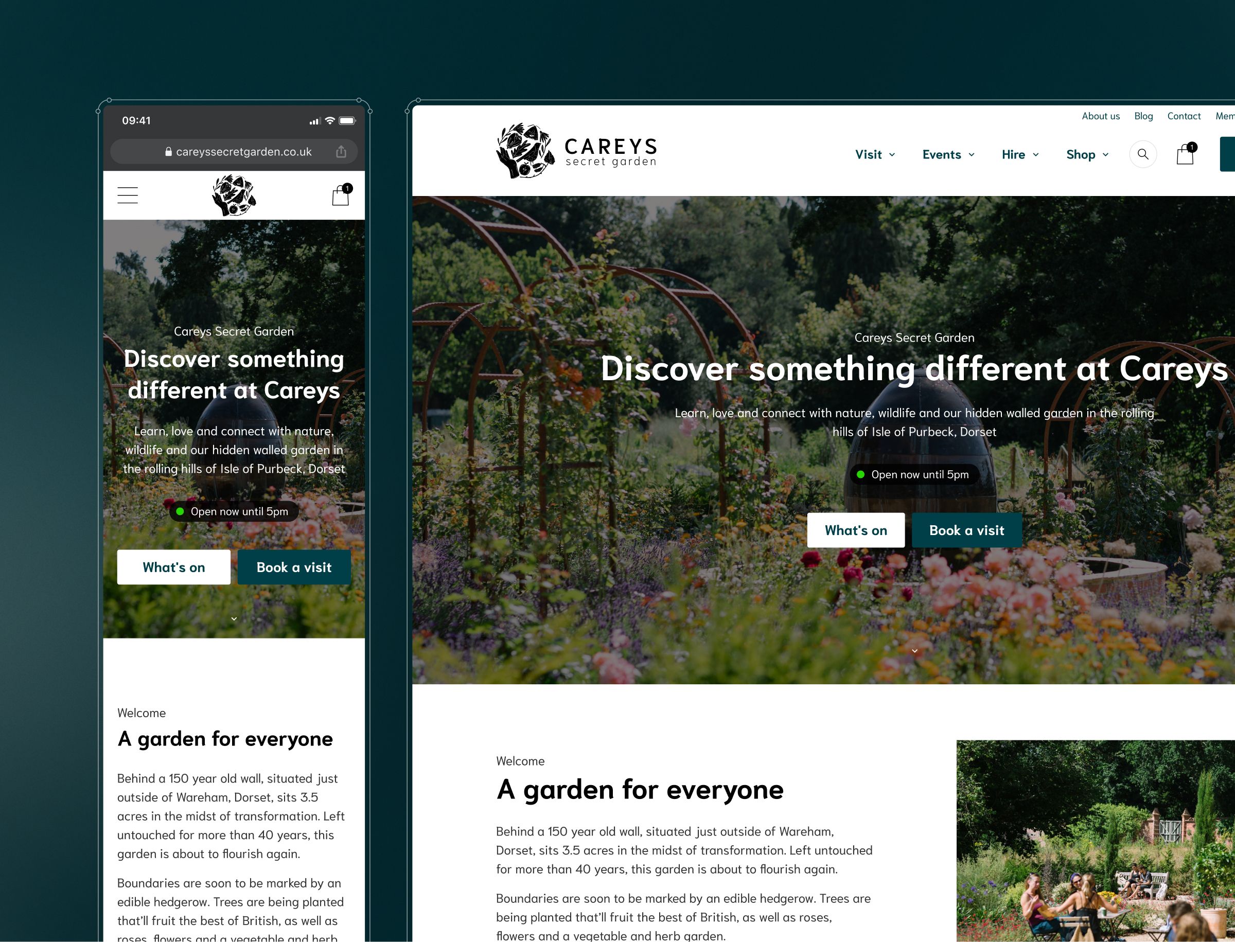 Careys Secret Garden website displayed on mobile and desktop screens showing hero section with garden imagery and navigation.