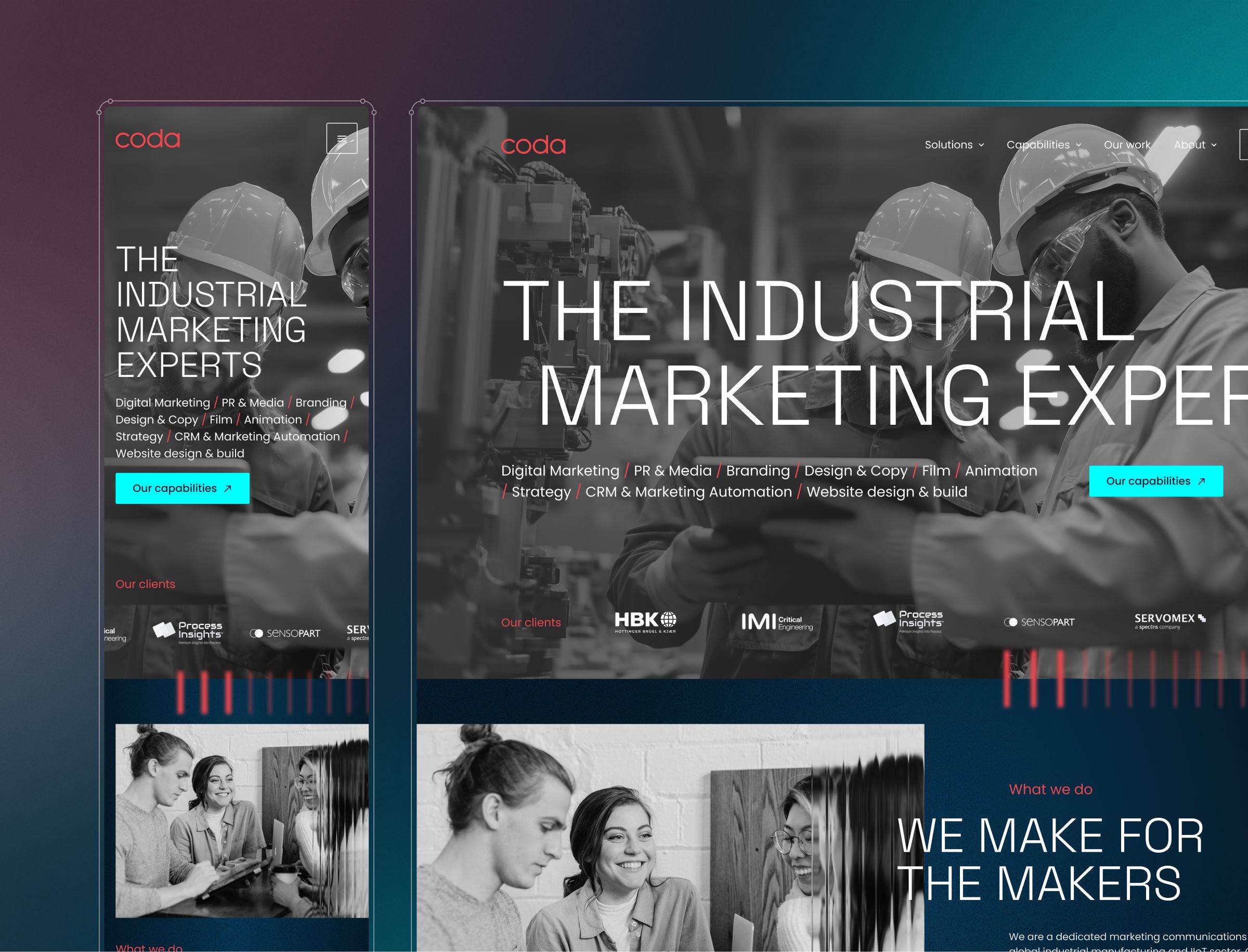 Two webpage layouts for Coda showing industrial workers in hard hats with navigation menus, service listings, client logos.