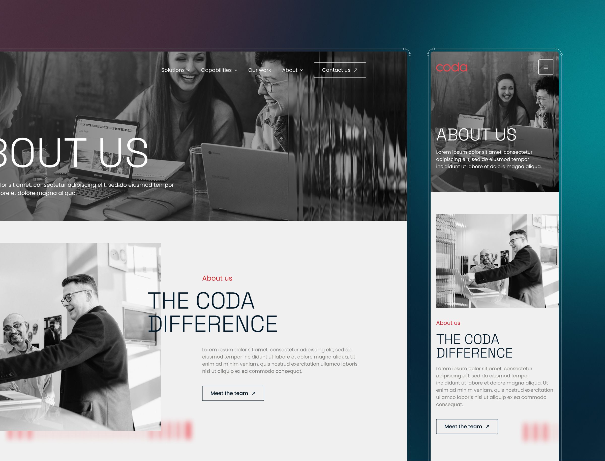Desktop and mobile website layouts for Coda showing About Us section with team photos and navigation menu.