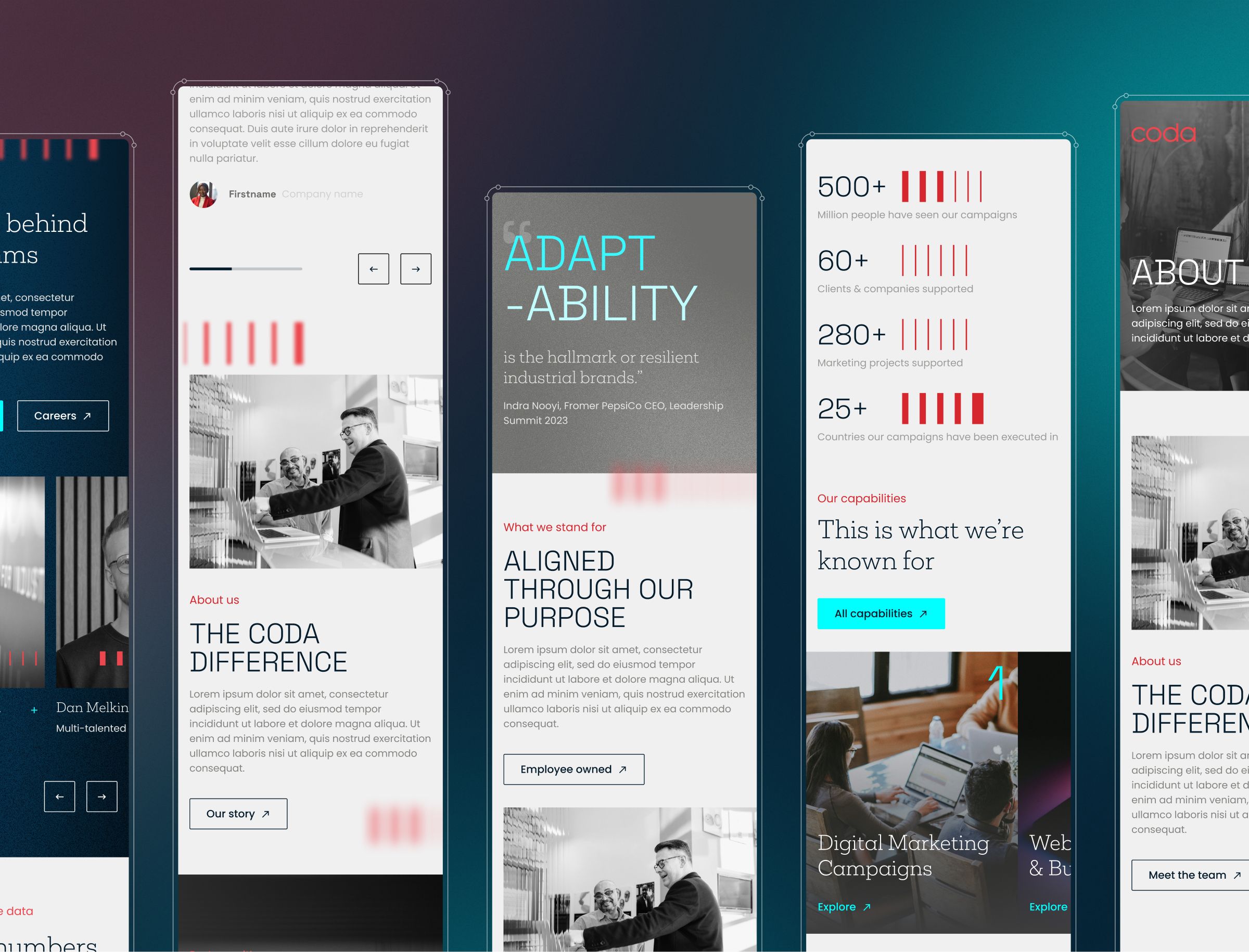 Website carousel displaying multiple cards with company statistics, testimonials, and service offerings in teal and dark.