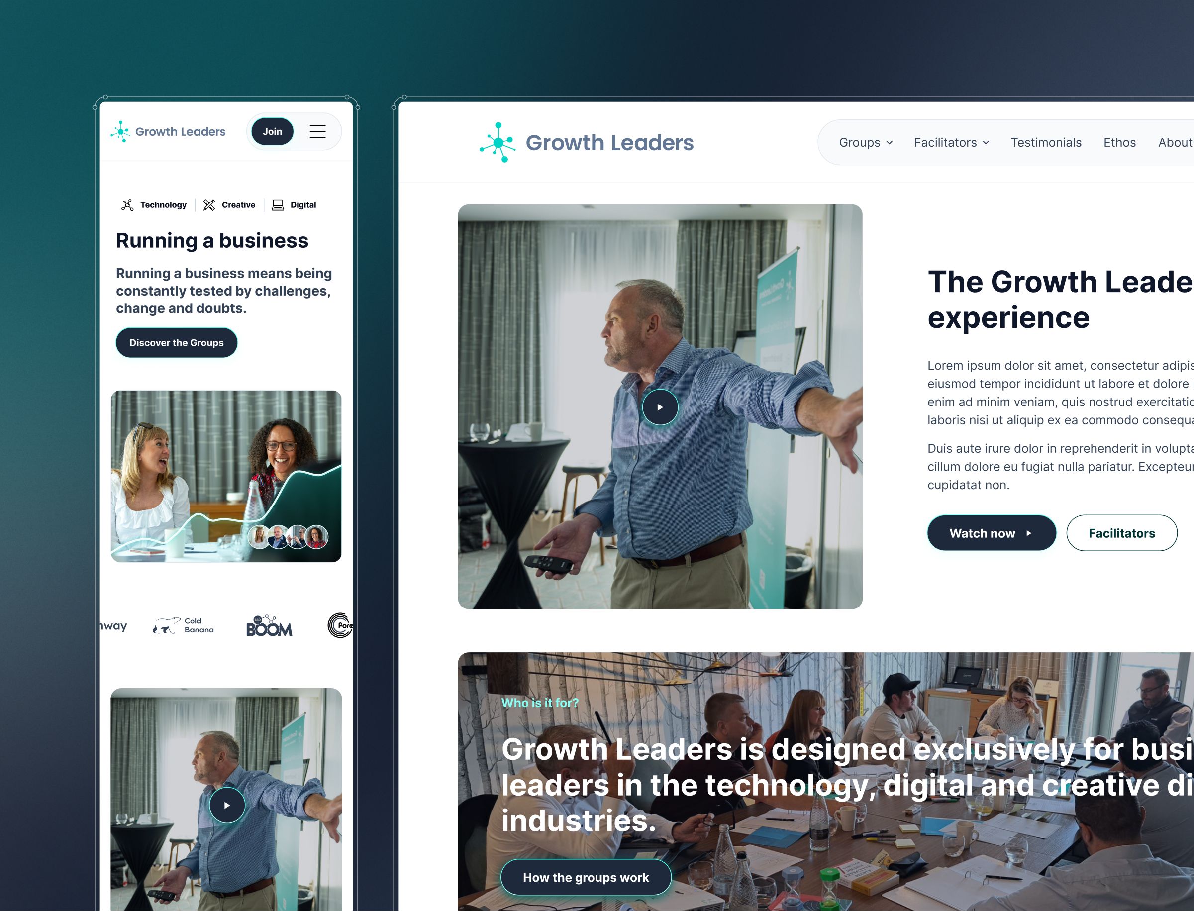 Growth Leaders website homepage displaying navigation menu, service categories, video content of a presenter, and.