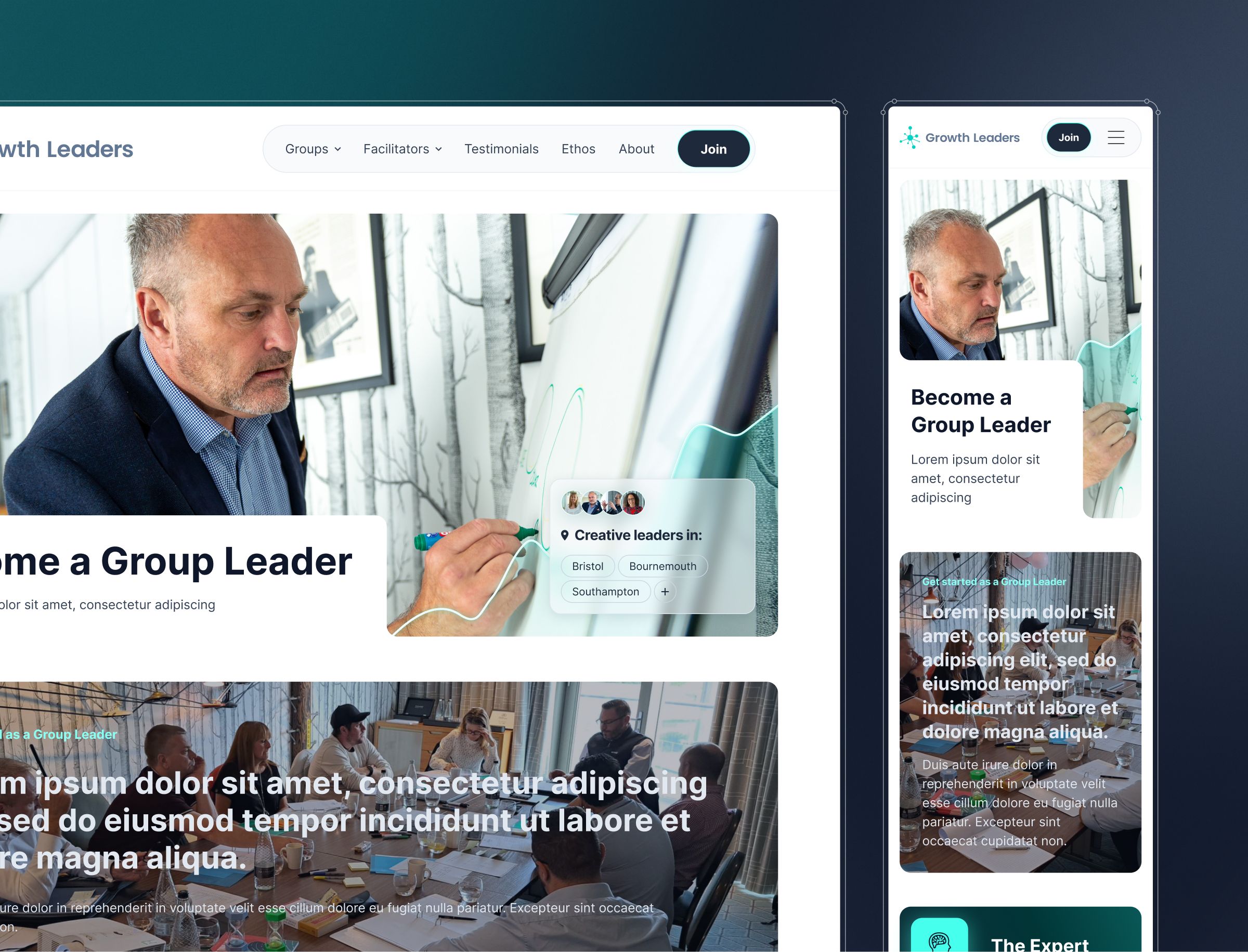 Desktop and mobile website layouts for Growth Leaders showing navigation menu, hero section with professional headshot, and.