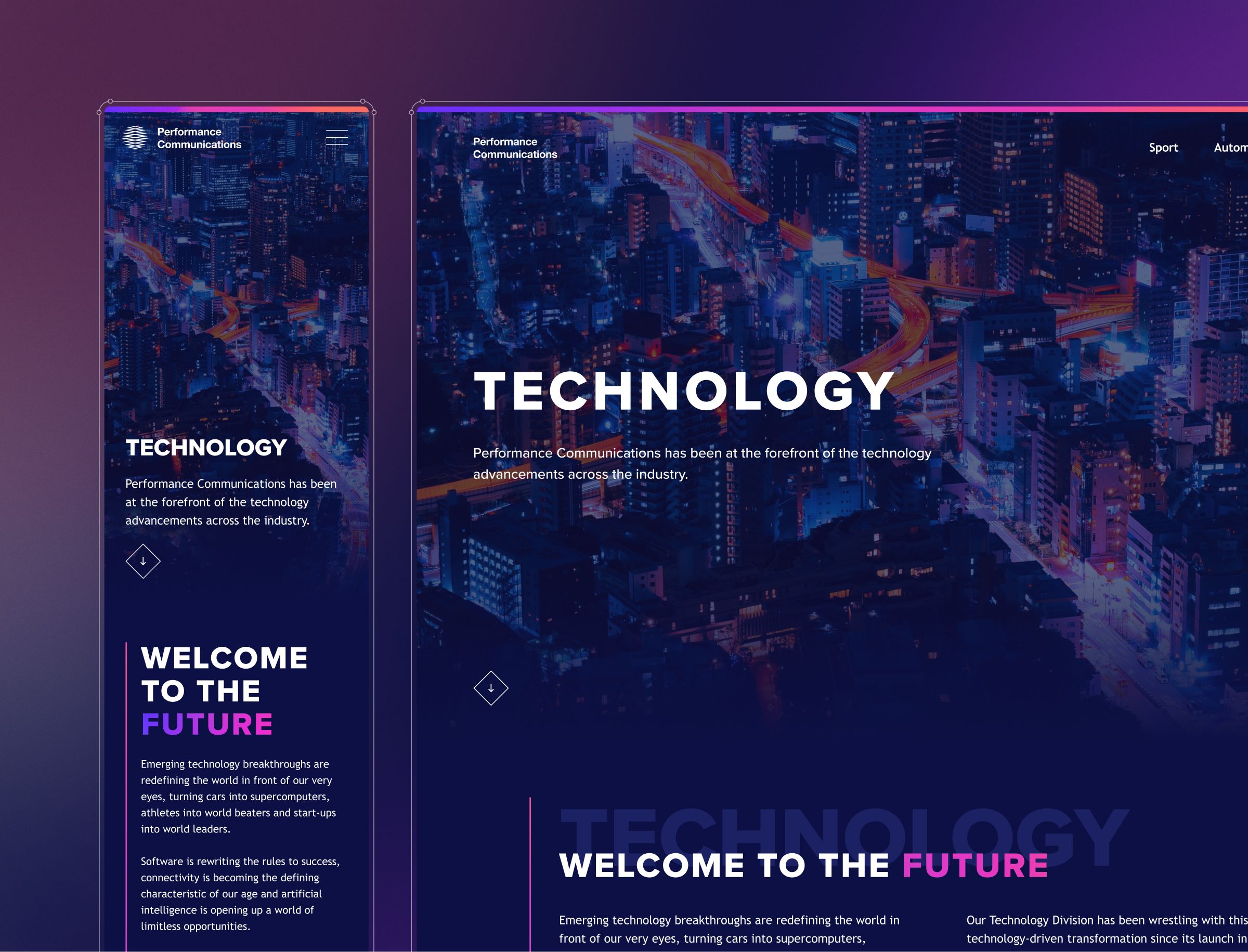 Performance Communications website displaying technology section with cityscape background and welcome message.