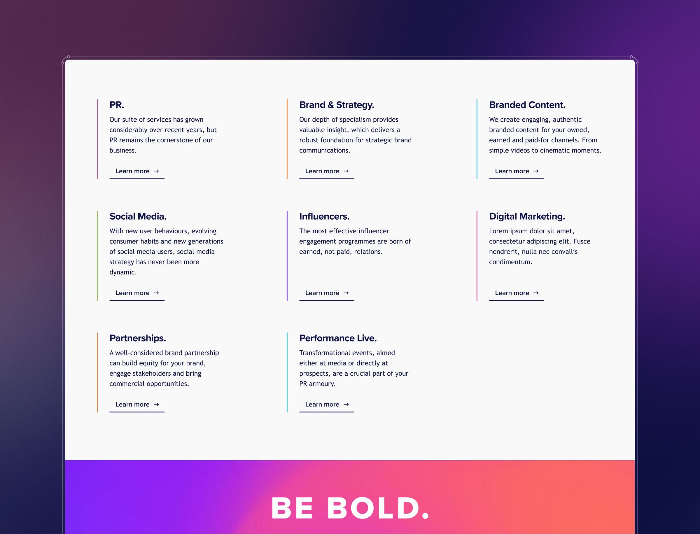 Nine service cards with colored left borders displaying PR, Brand & Strategy, Branded Content, Social Media, Influencers.