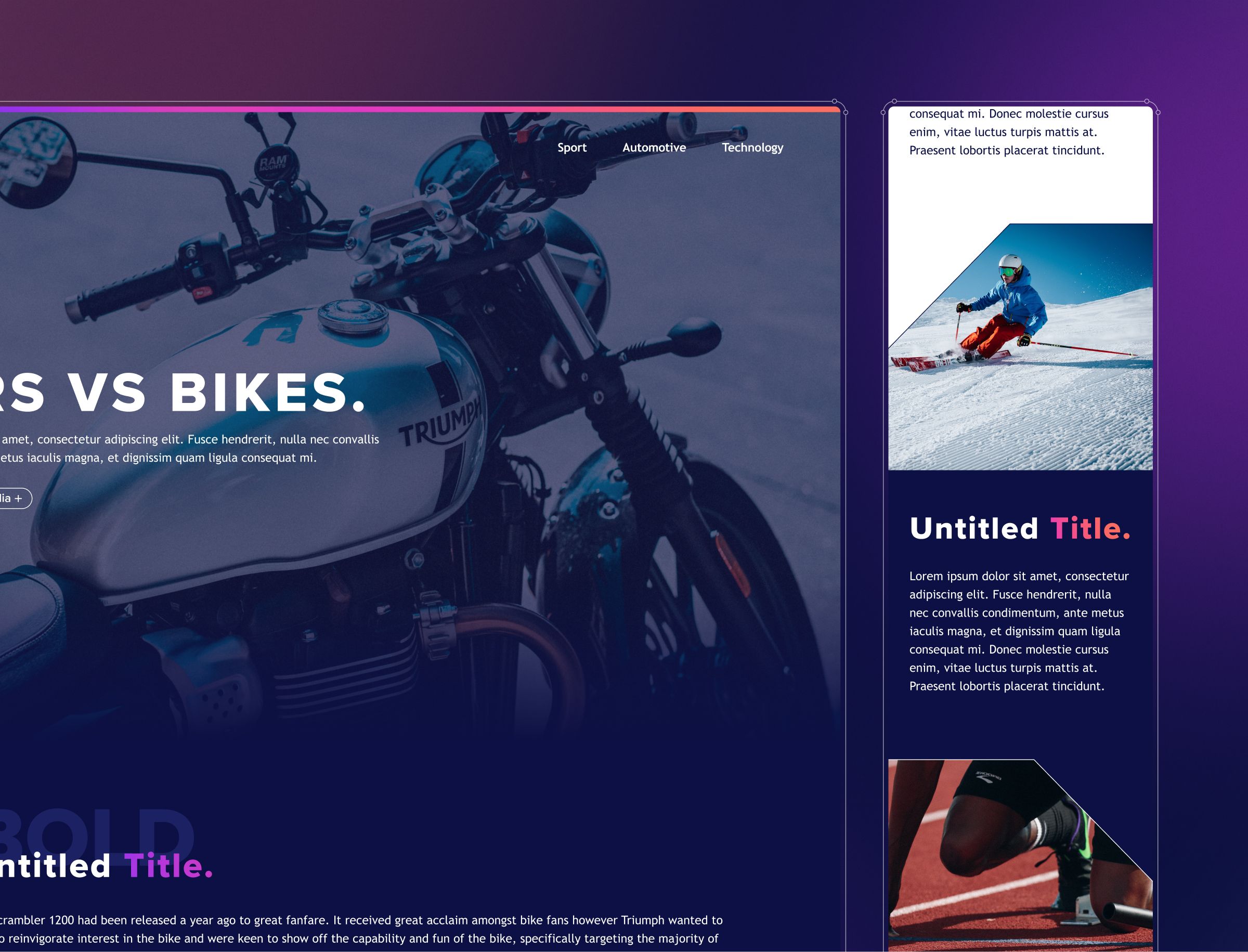Website layout featuring motorcycle handlebar detail on left panel with navigation tabs, and right sidebar displaying skier.