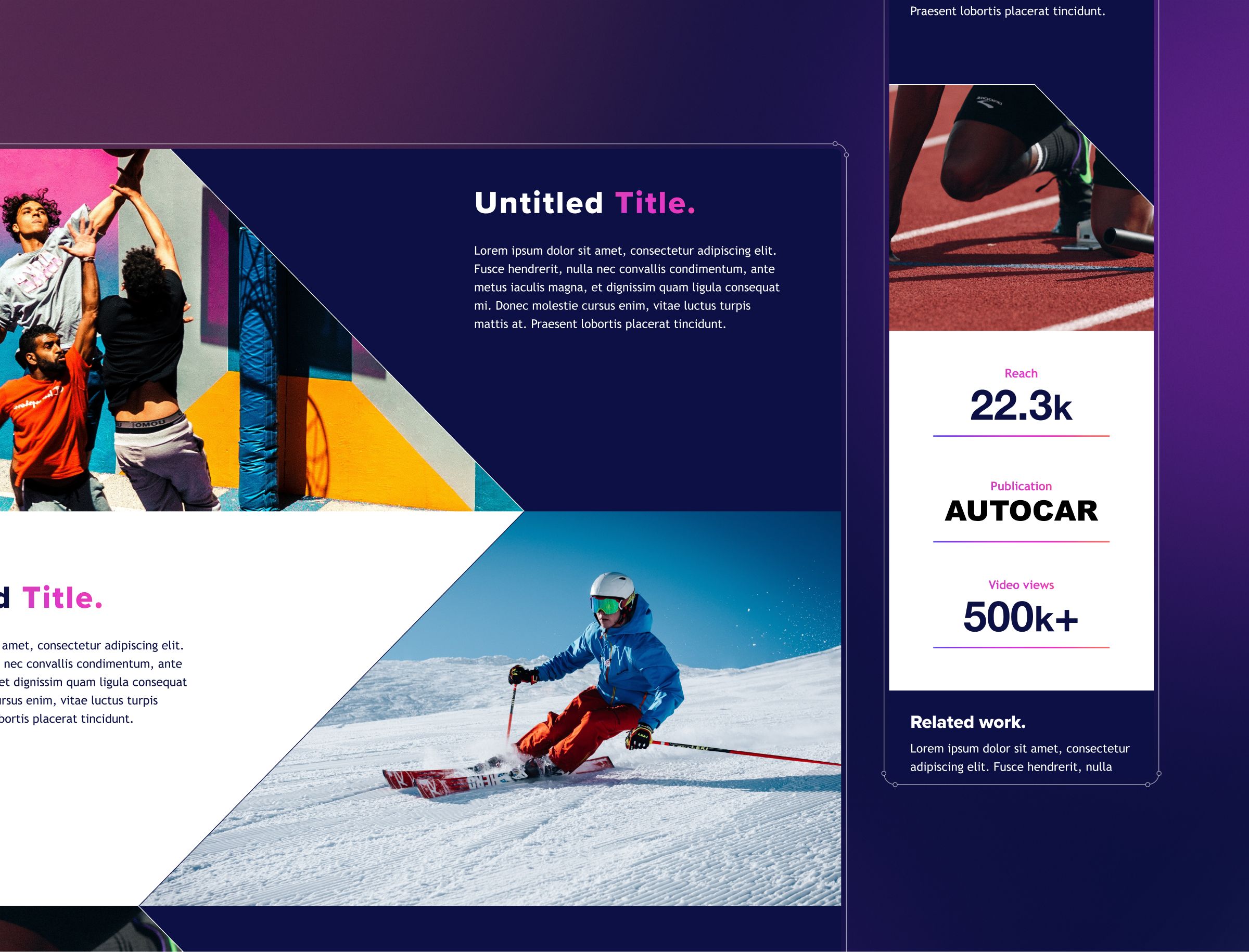Portfolio website layout displaying project case studies with images of people exercising and skiing, metrics showing 22.3k.