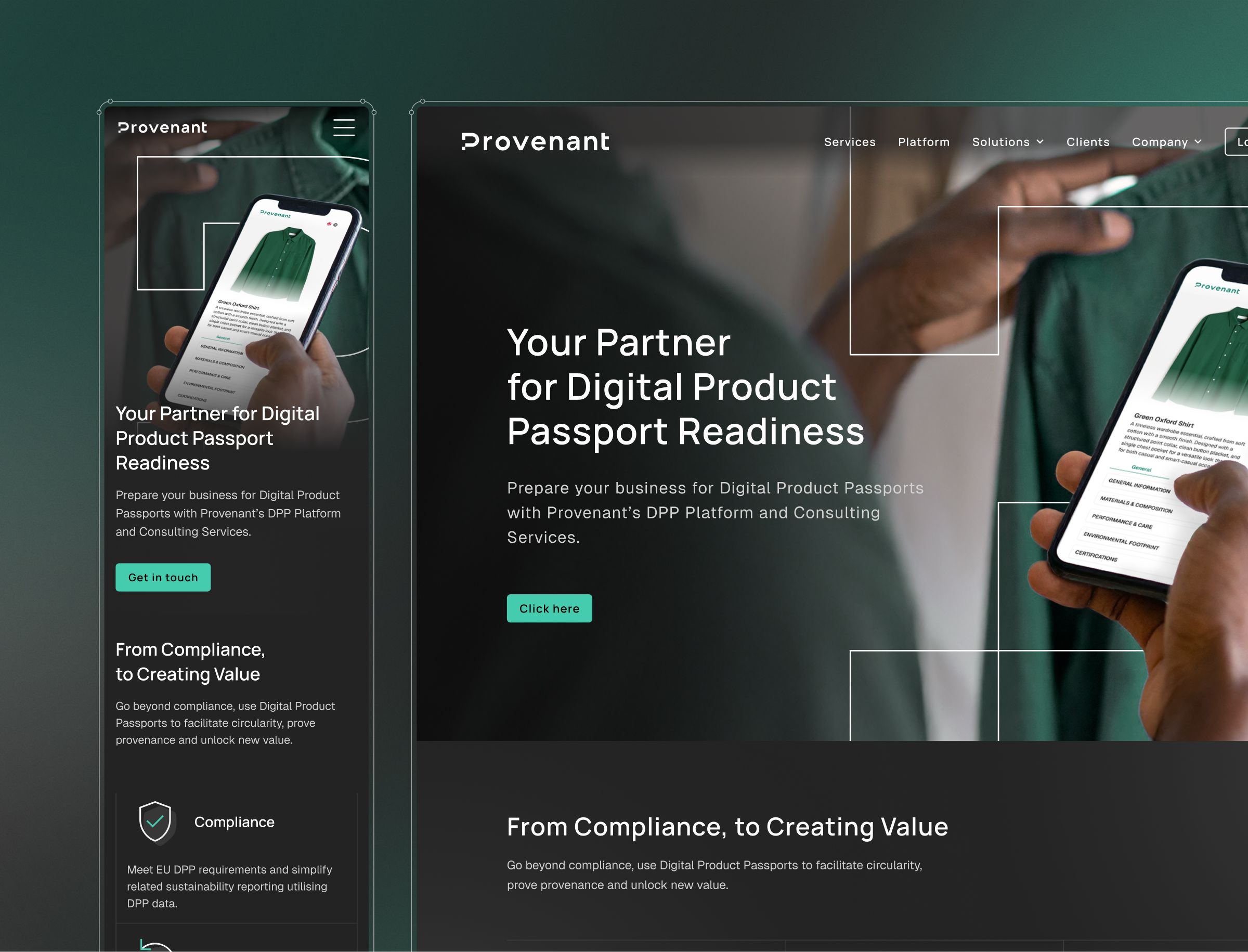 Provenant website homepage displaying Digital Product Passport services with mobile app interface mockup and navigation menu.