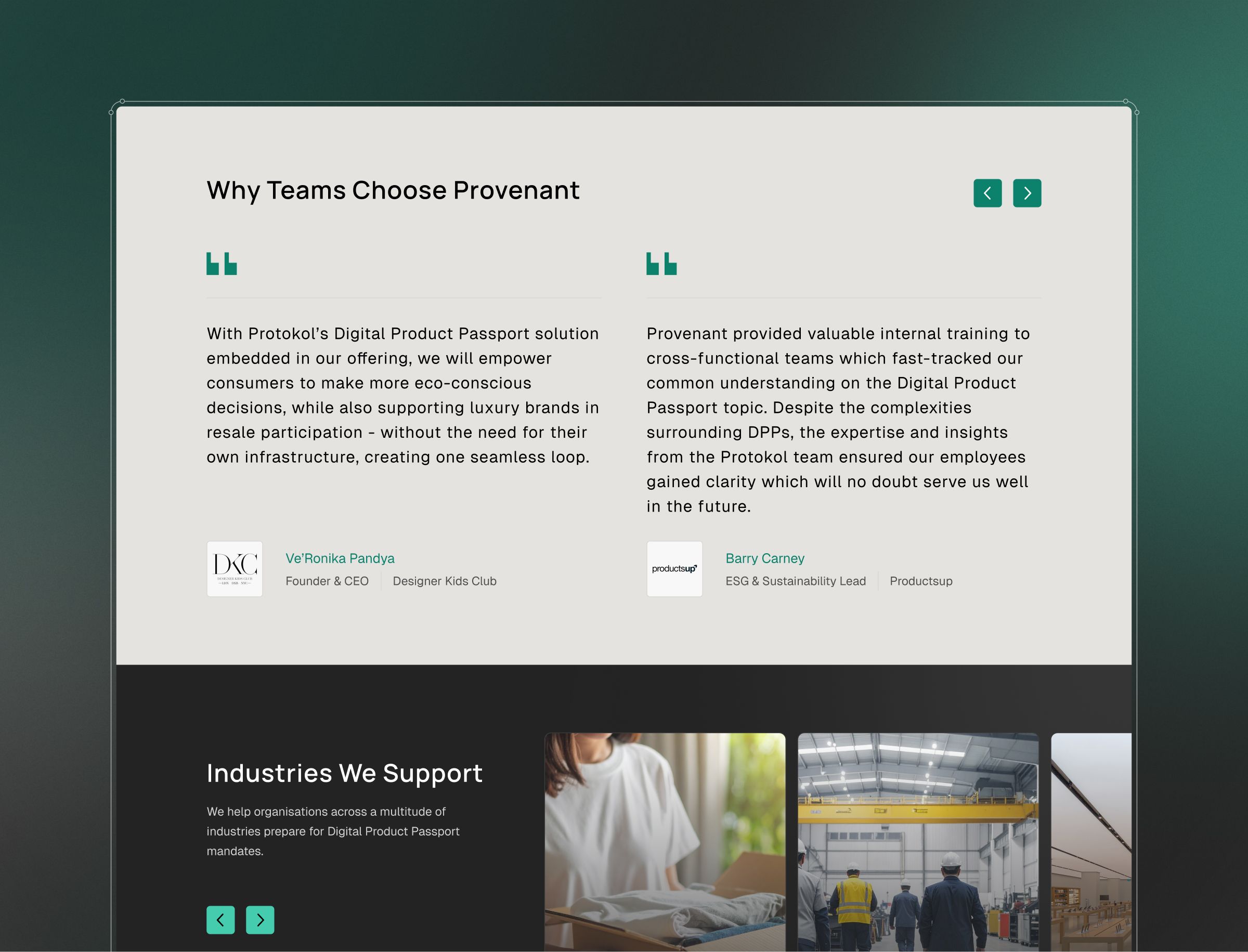 Two testimonials from company leaders explaining why their teams selected Provenant for Digital Product Passport.