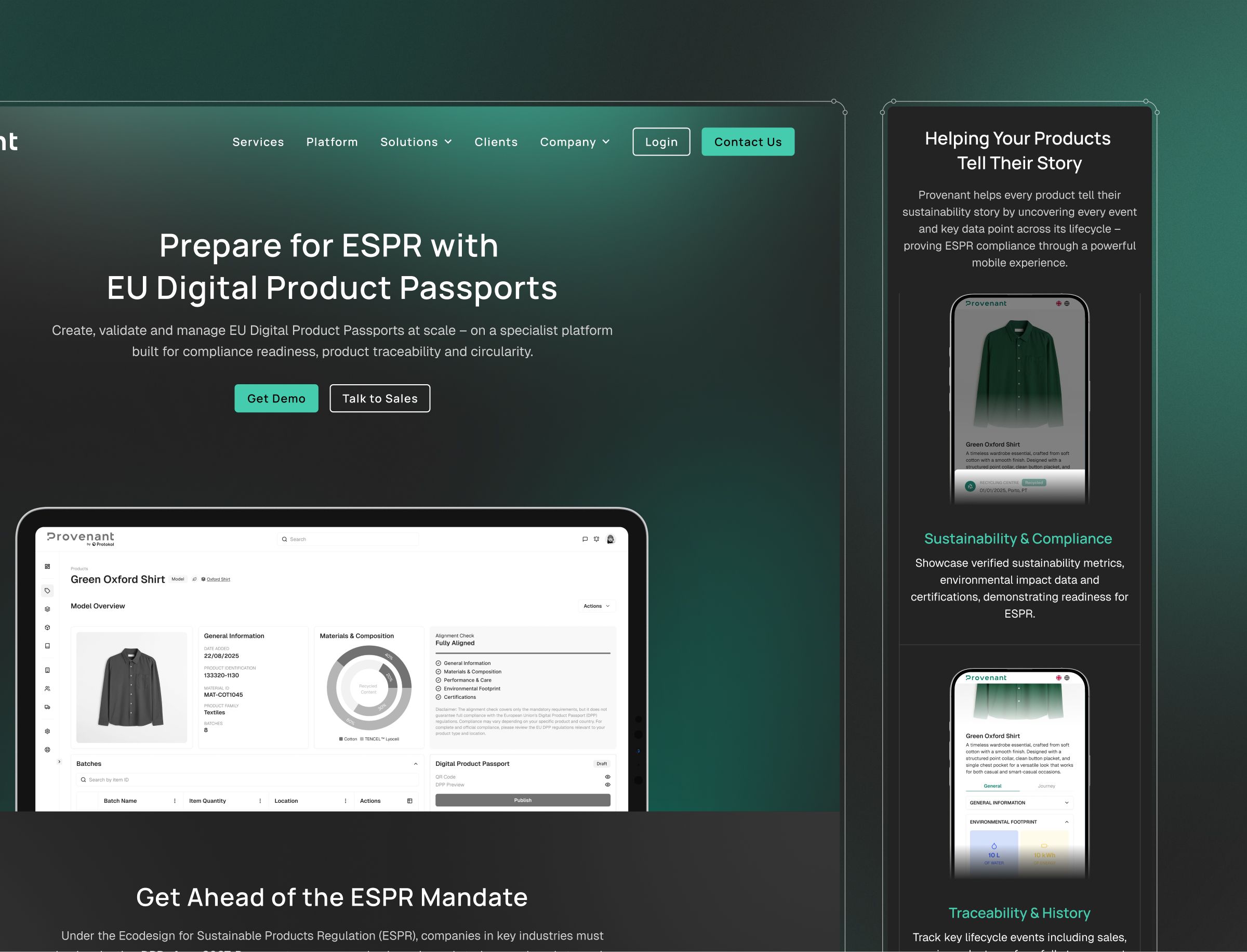 Website homepage for EU Digital Product Passports platform showing product compliance and sustainability tracking interface.