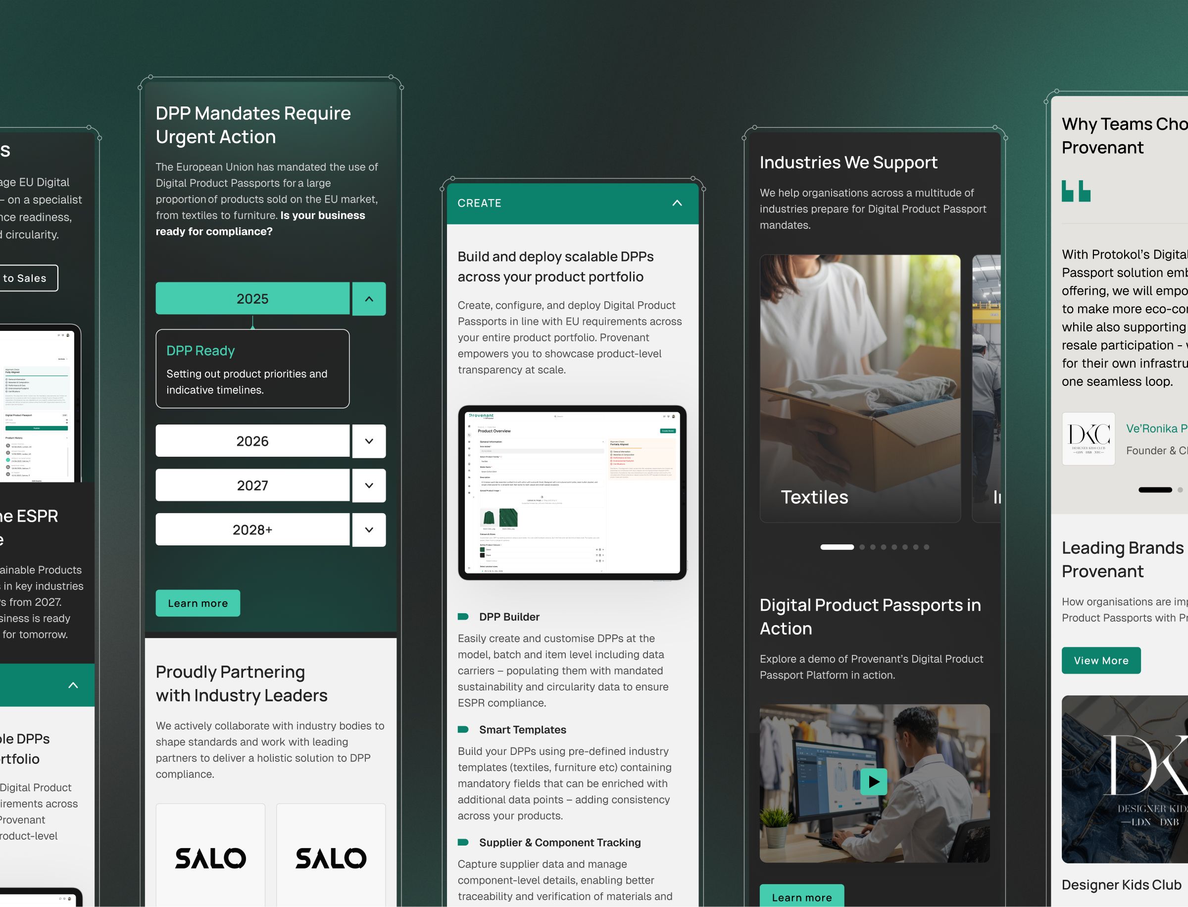 Website layout showing Digital Product Passport compliance information, timeline, industry sectors, and platform features.