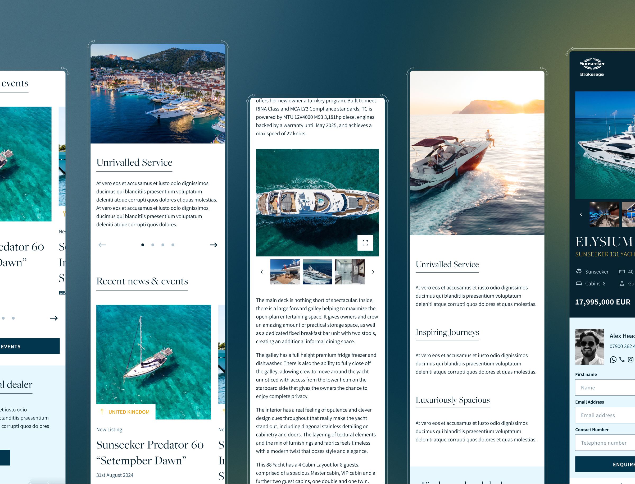 Multiple website layouts for luxury yacht sales displaying boat listings, service descriptions, and contact forms.