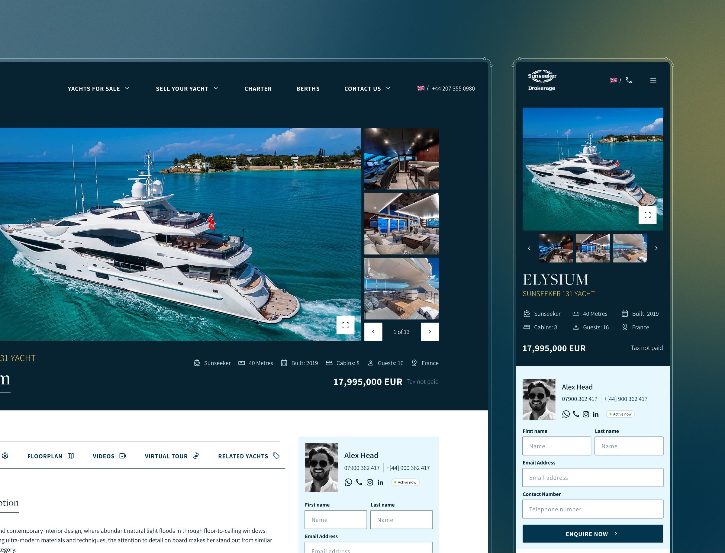 Luxury yacht listing webpage showing a Sunseeker 131 vessel with price, specifications, contact form, and broker details.